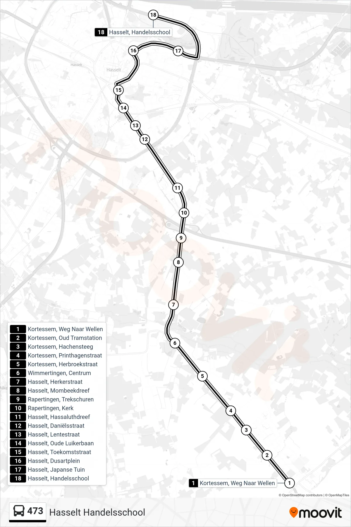 Lijn 473 (bus, Hasselt Handelsschool): route en haltes op de kaart