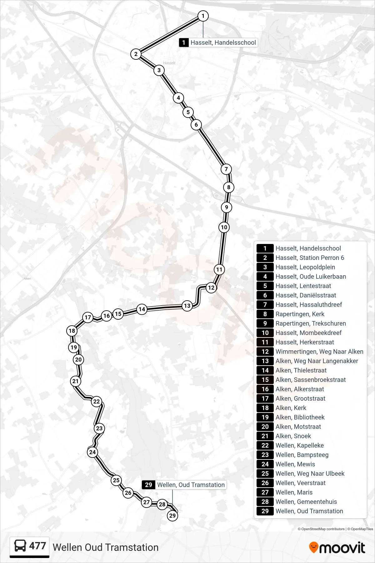 Lijn 477 (bus, Wellen Oud Tramstation): route en haltes op de kaart