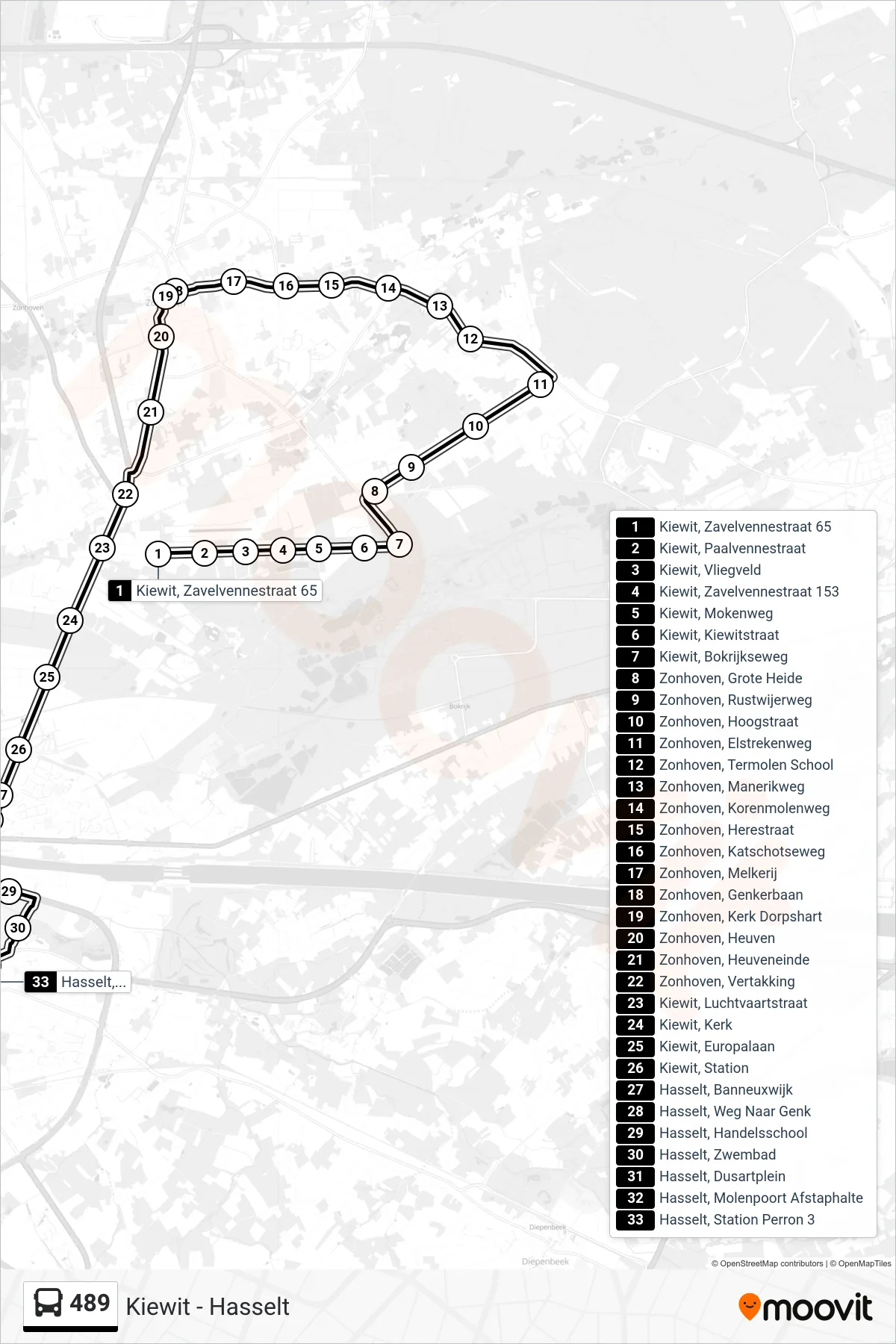 Lijn 489 (bus, Hasselt Station Perron 3): route en haltes op de kaart