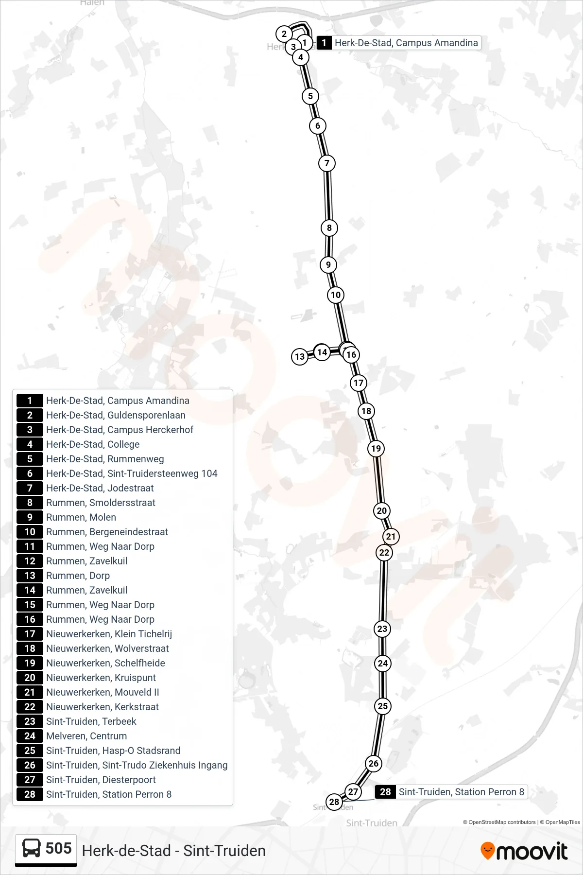 Lijn 505 (bus, Sint-Truiden Station Perron 8): route en haltes op de kaart