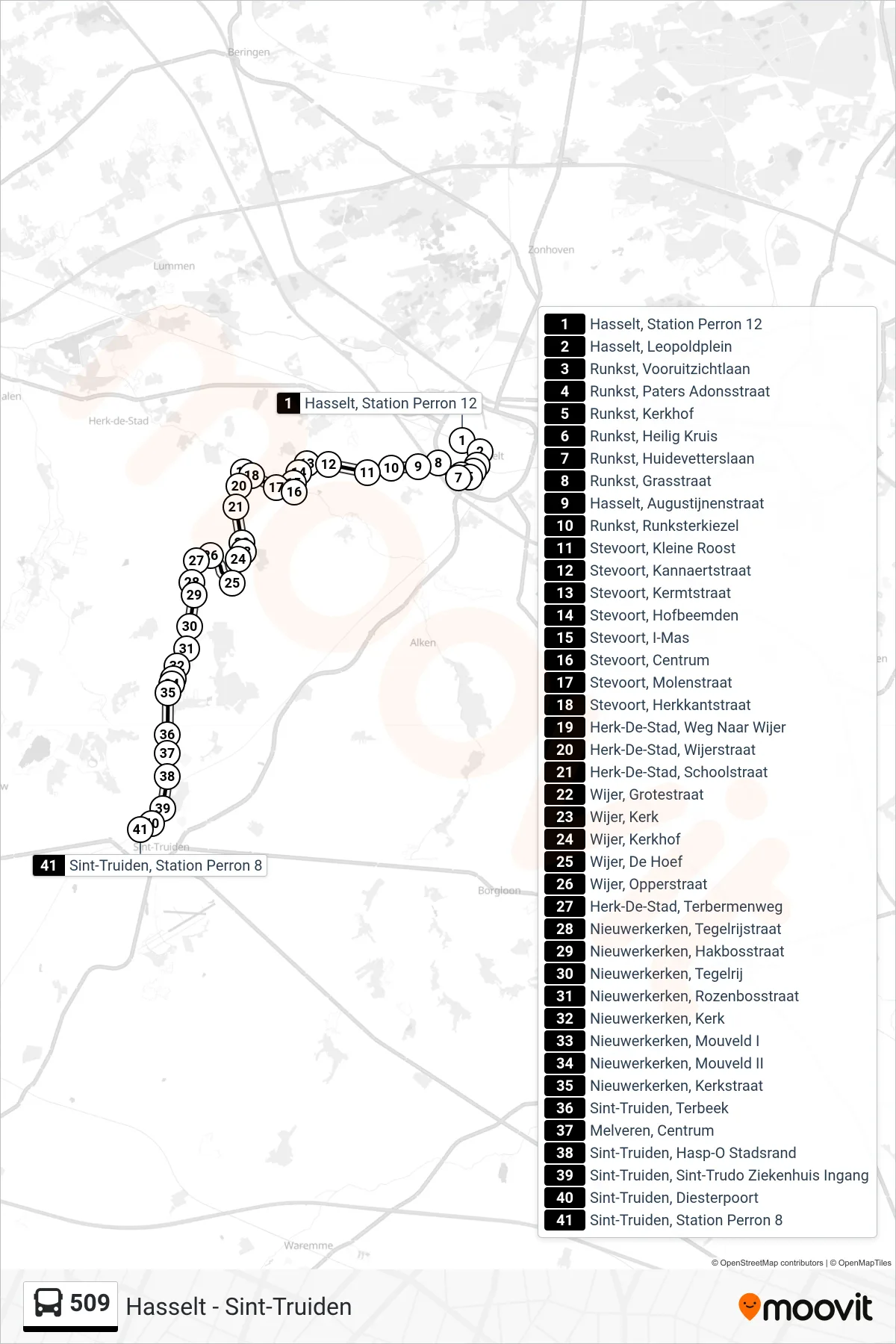Lijn 509 (bus, Sint-Truiden Station Perron 8): route en haltes op de kaart