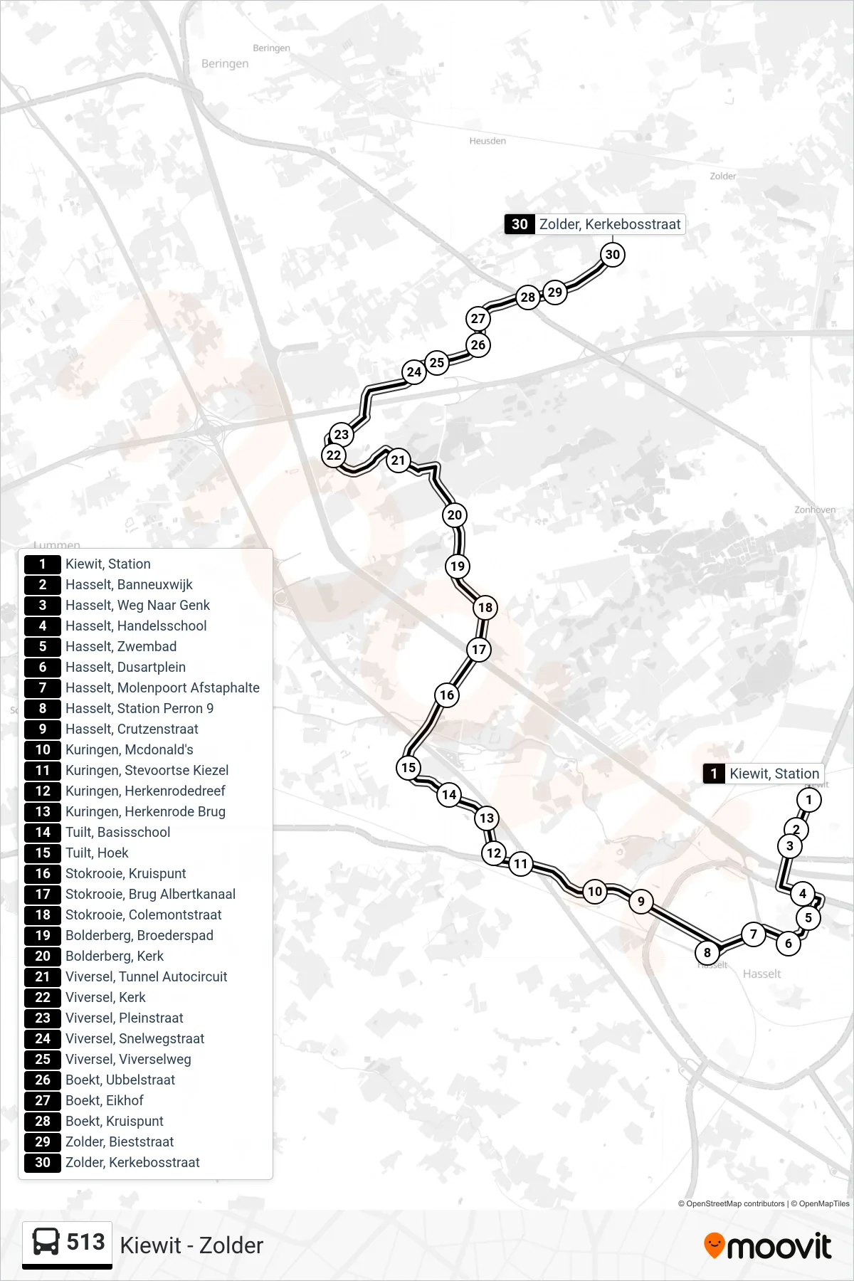 Lijn 513 (bus, Zolder Kerkebosstraat): route en haltes op de kaart