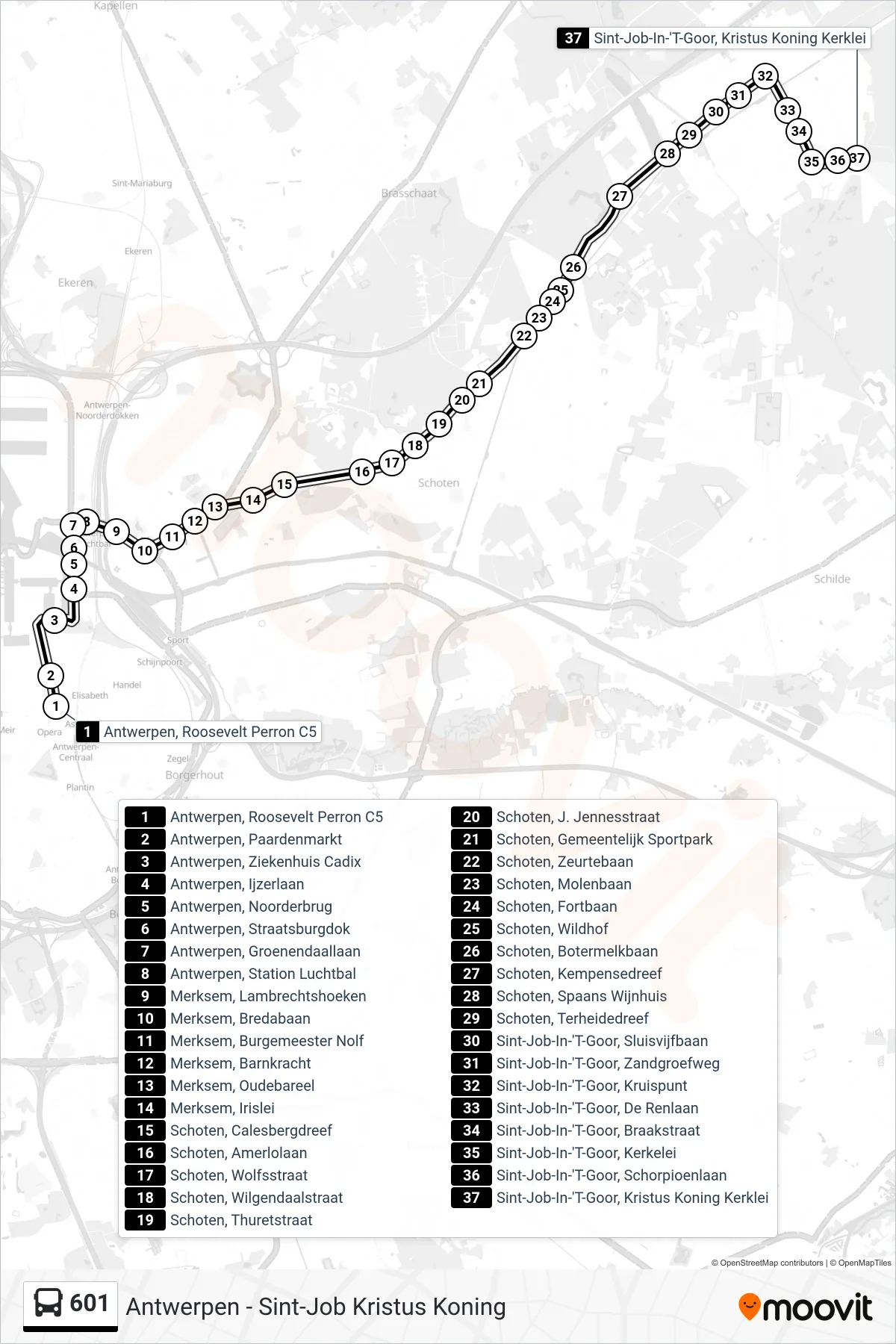 Lijn 601 (bus, Sint-Job-In-'T-Goor Kristus Koning Kerklei): route en haltes op de kaart