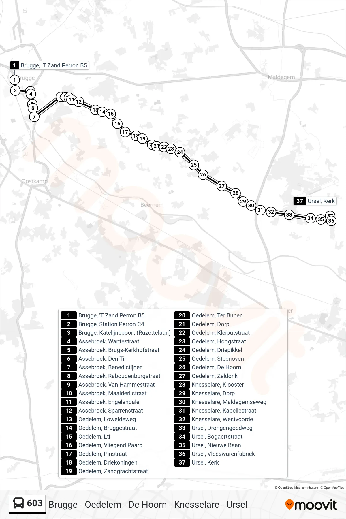 Lijn 603 (bus, Ursel Kerk): route en haltes op de kaart