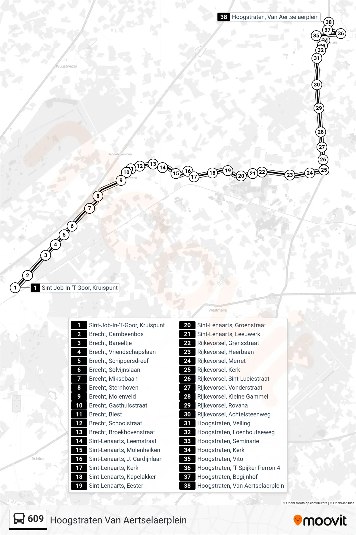 Lijn 609 (bus, Hoogstraten Van Aertselaerplein): route en haltes op de kaart