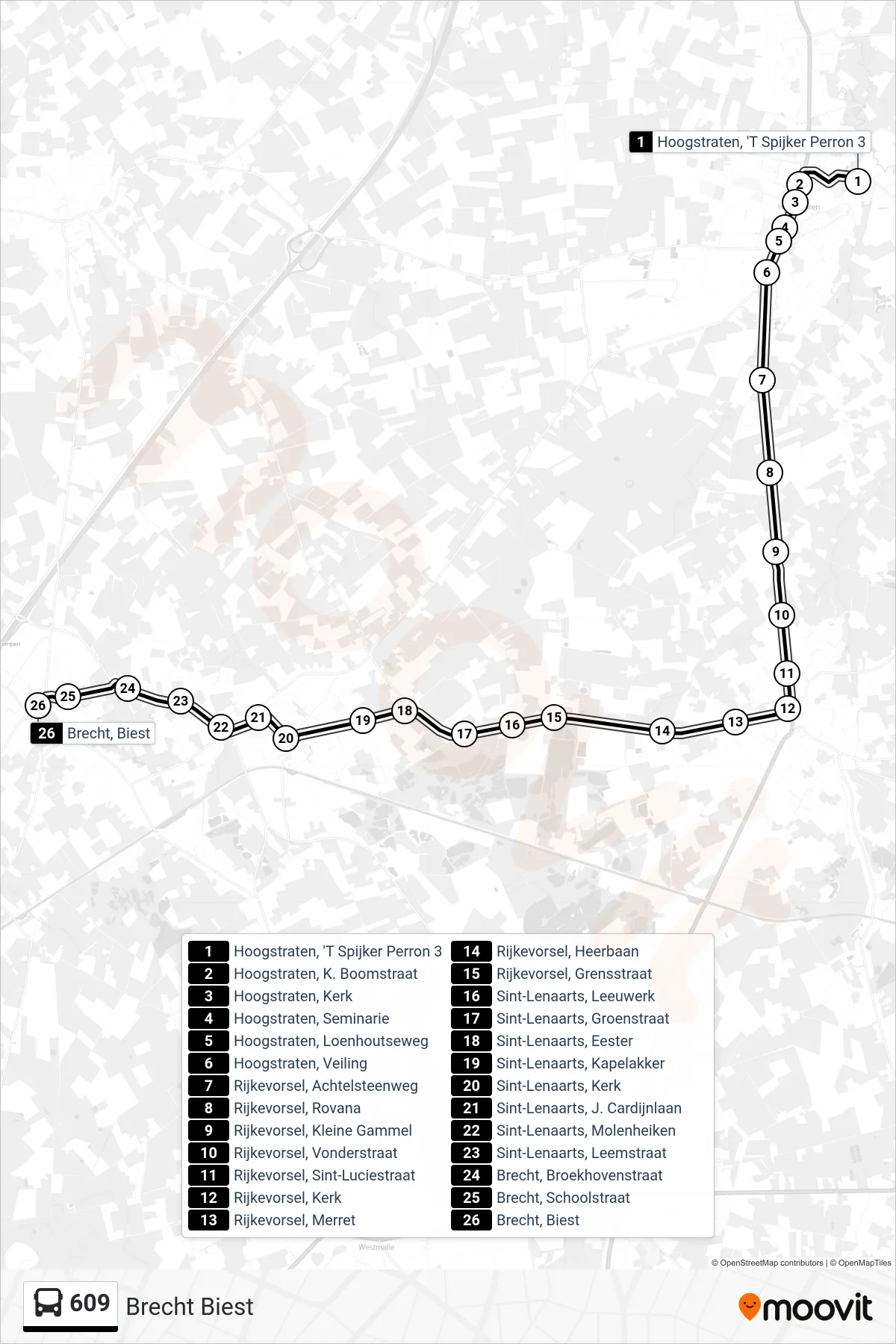 Lijn 609 (bus, Brecht Biest): route en haltes op de kaart