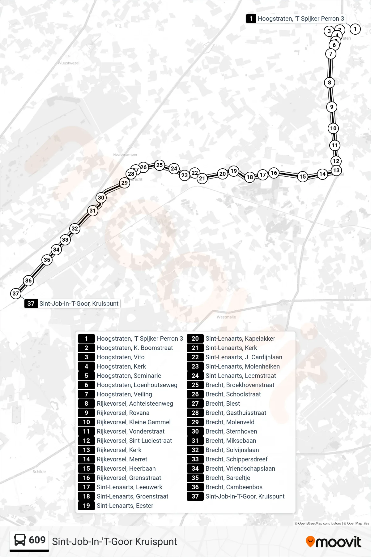 Lijn 609 (bus, Sint-Job-In-'T-Goor Kruispunt): route en haltes op de kaart