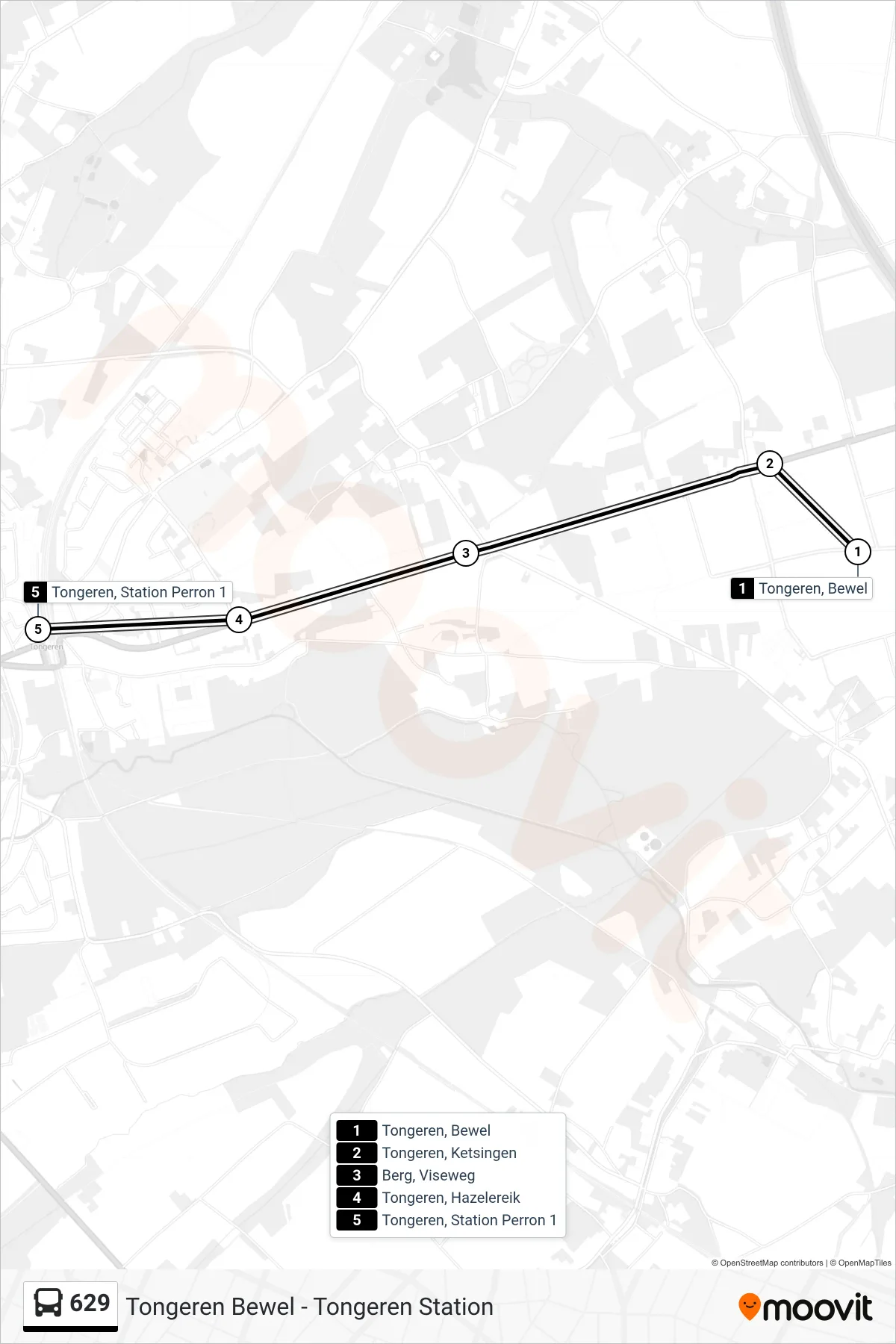 Lijn 629 (bus, Tongeren Station Perron 1): route en haltes op de kaart