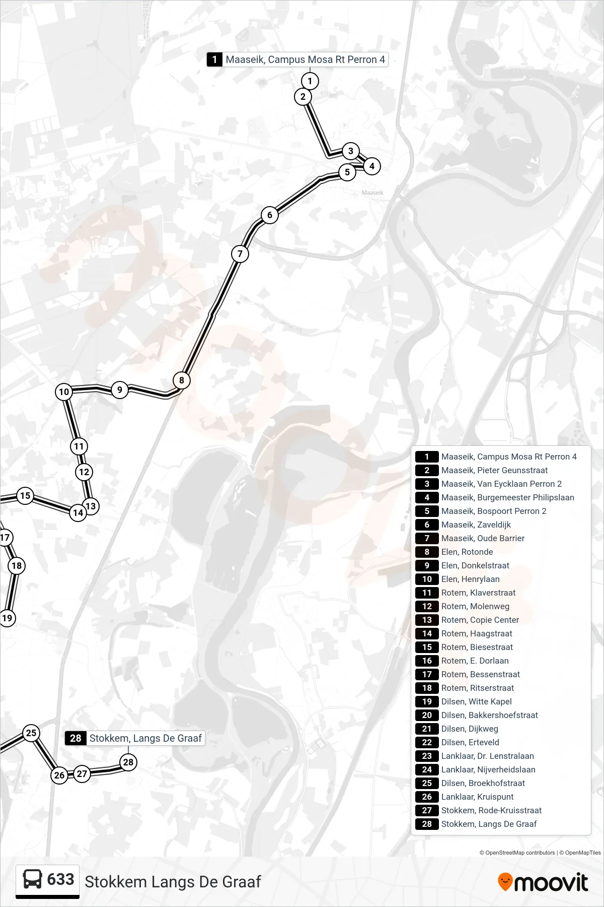 Lijn 633 (bus, Stokkem Langs De Graaf): route en haltes op de kaart