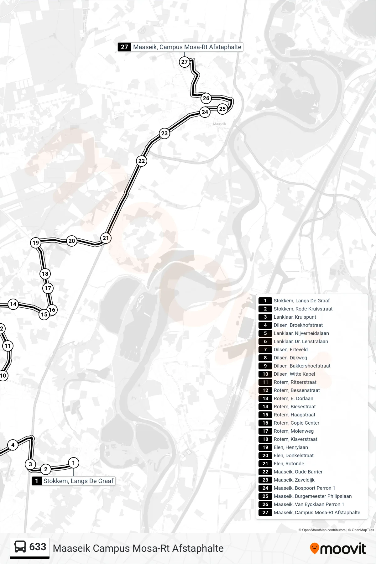 Lijn 633 (bus, Maaseik Campus Mosa-Rt Afstaphalte): route en haltes op de kaart