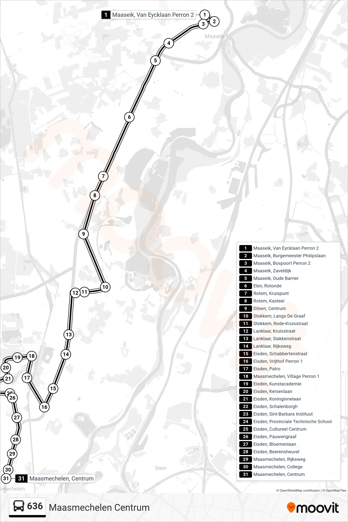 636 bus Line (Maasmechelen Centrum) route and stops on a map