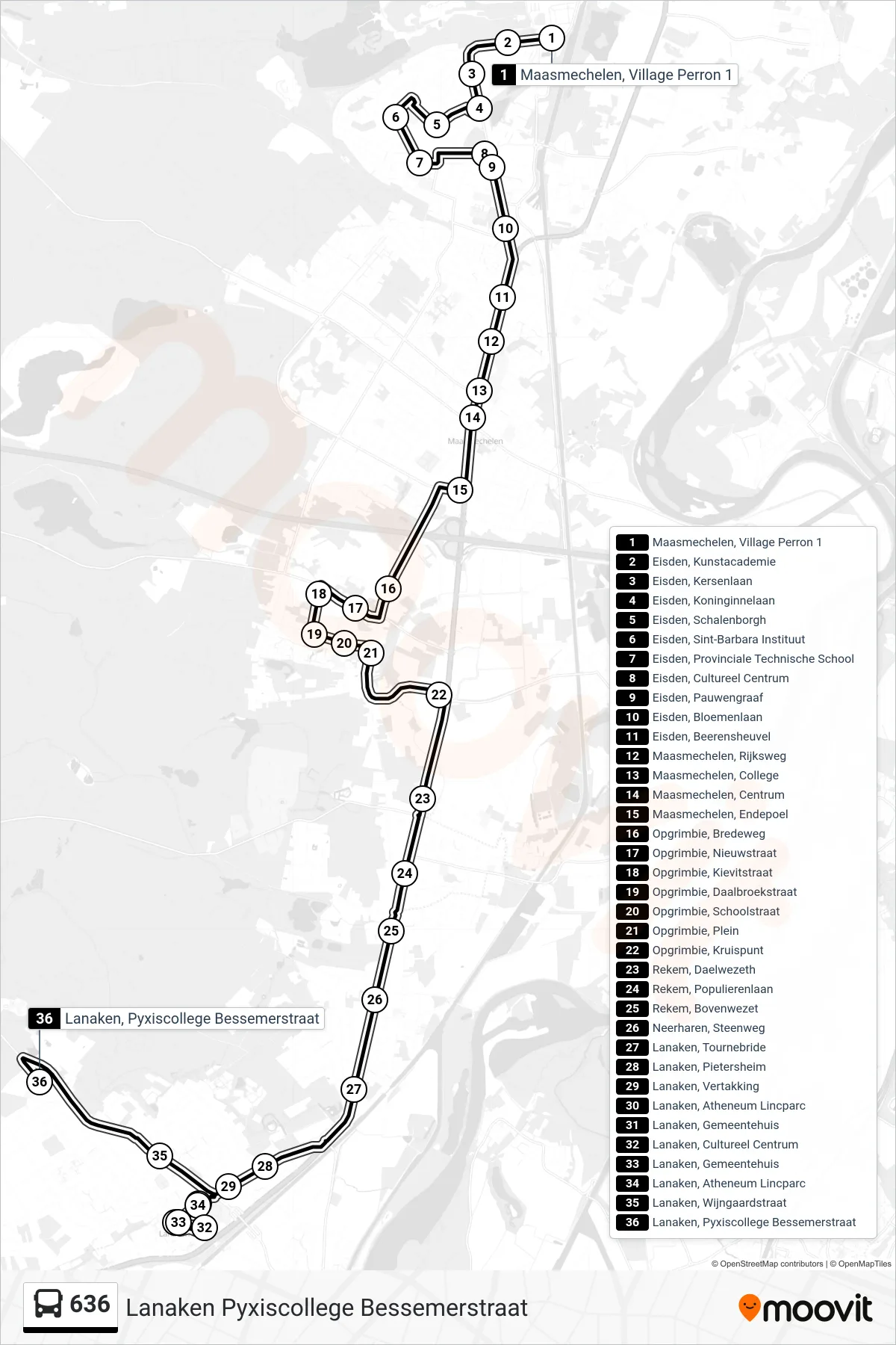 Lijn 636 (bus, Lanaken Pyxiscollege Bessemerstraat): route en haltes op de kaart