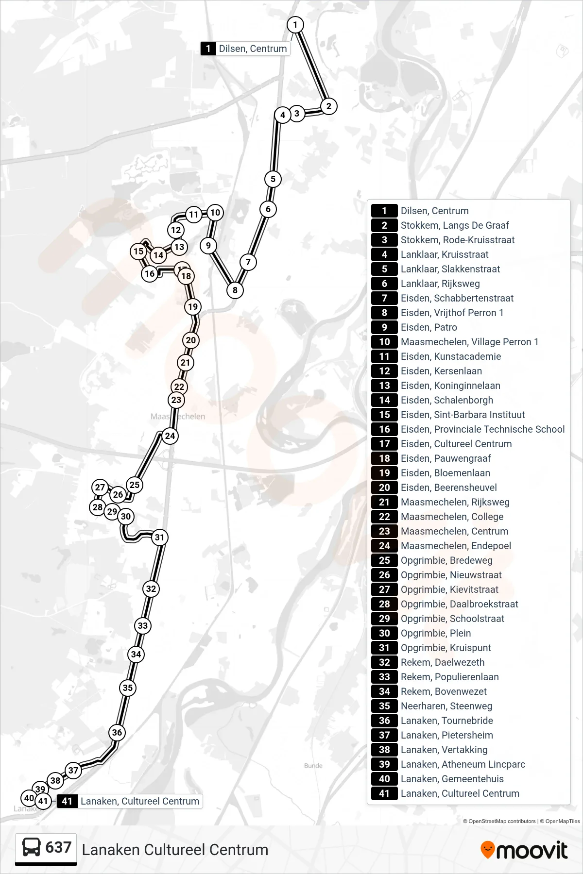 Lijn 637 (bus, Lanaken Cultureel Centrum): route en haltes op de kaart