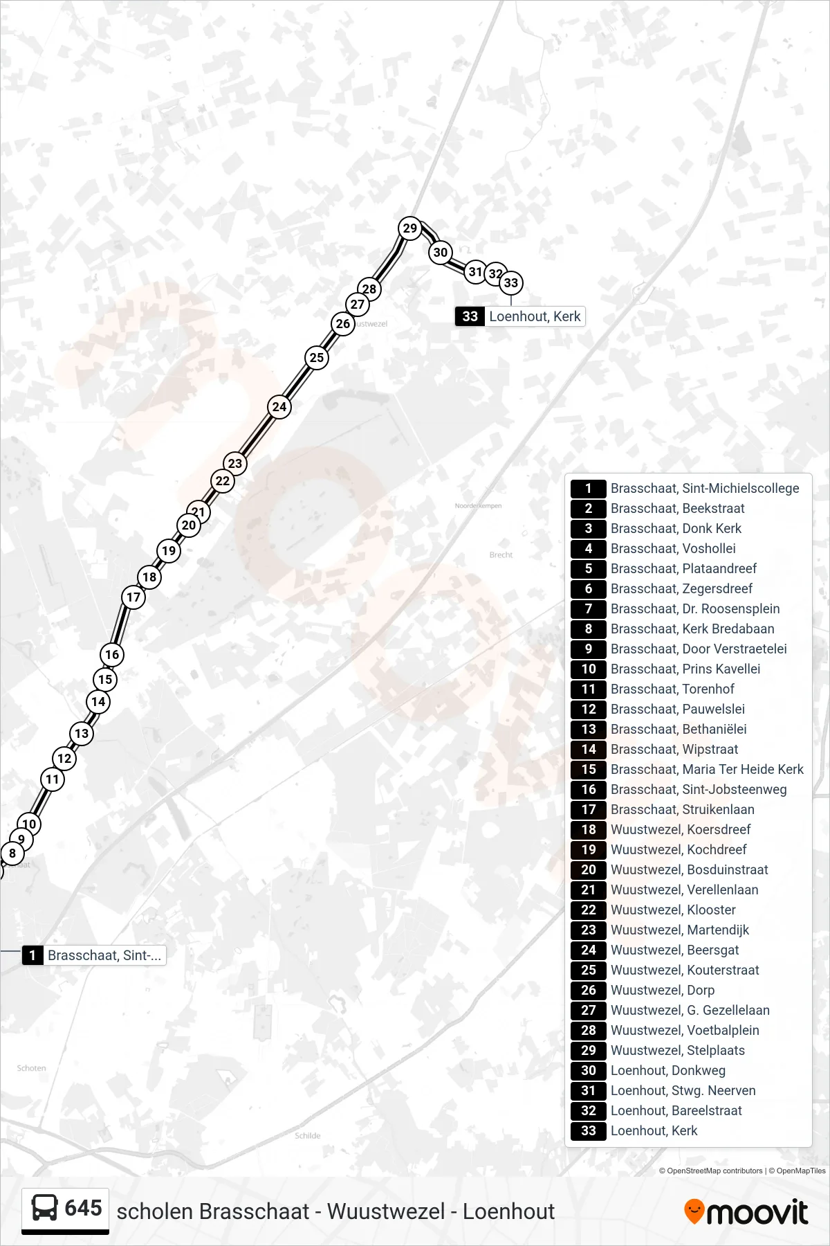 Lijn 645 (bus, Loenhout Kerk): route en haltes op de kaart