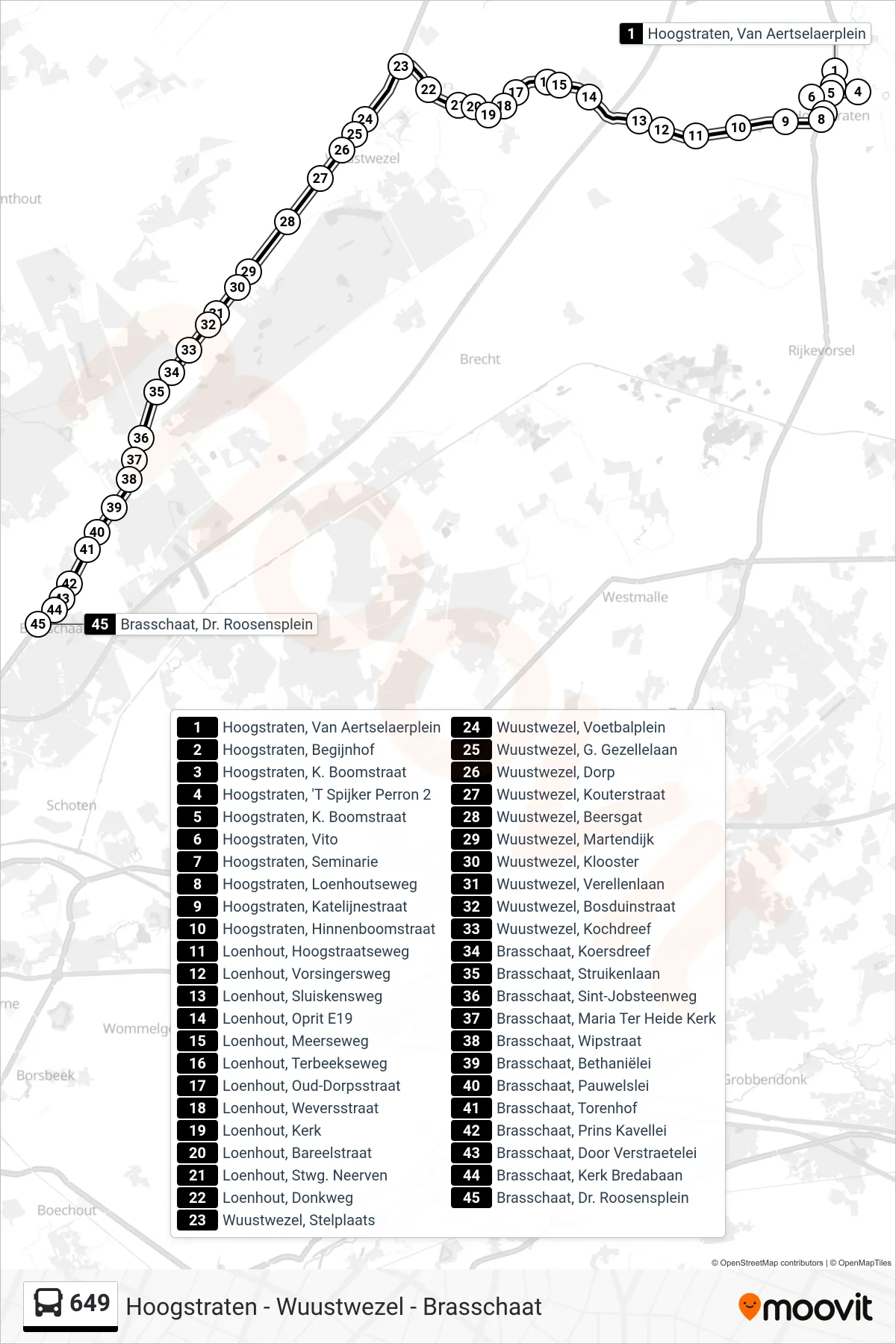 Lijn 649 (bus, Brasschaat Dr. Roosensplein): route en haltes op de kaart