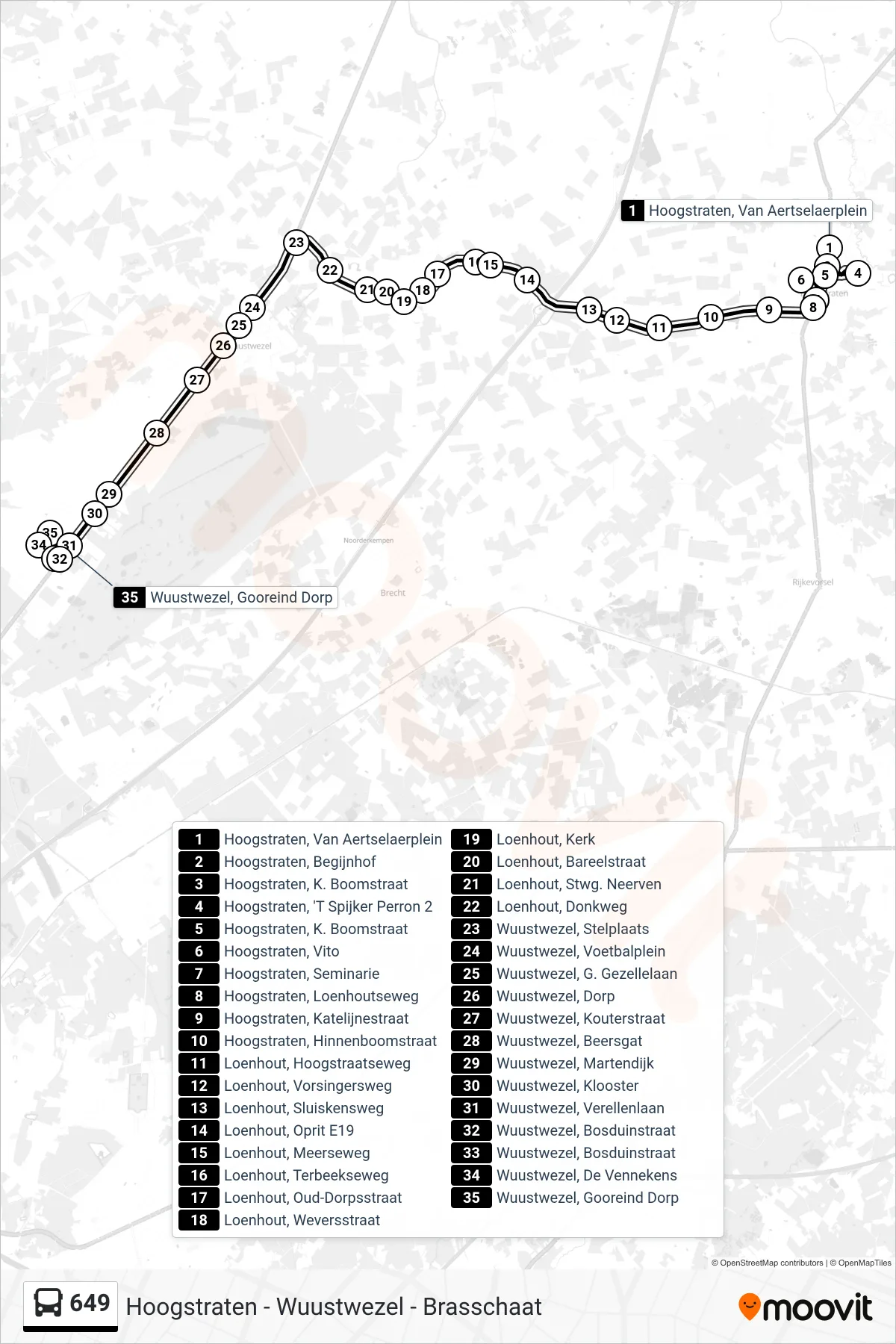 649 bus Line (Wuustwezel Gooreind Dorp) route and stops on a map