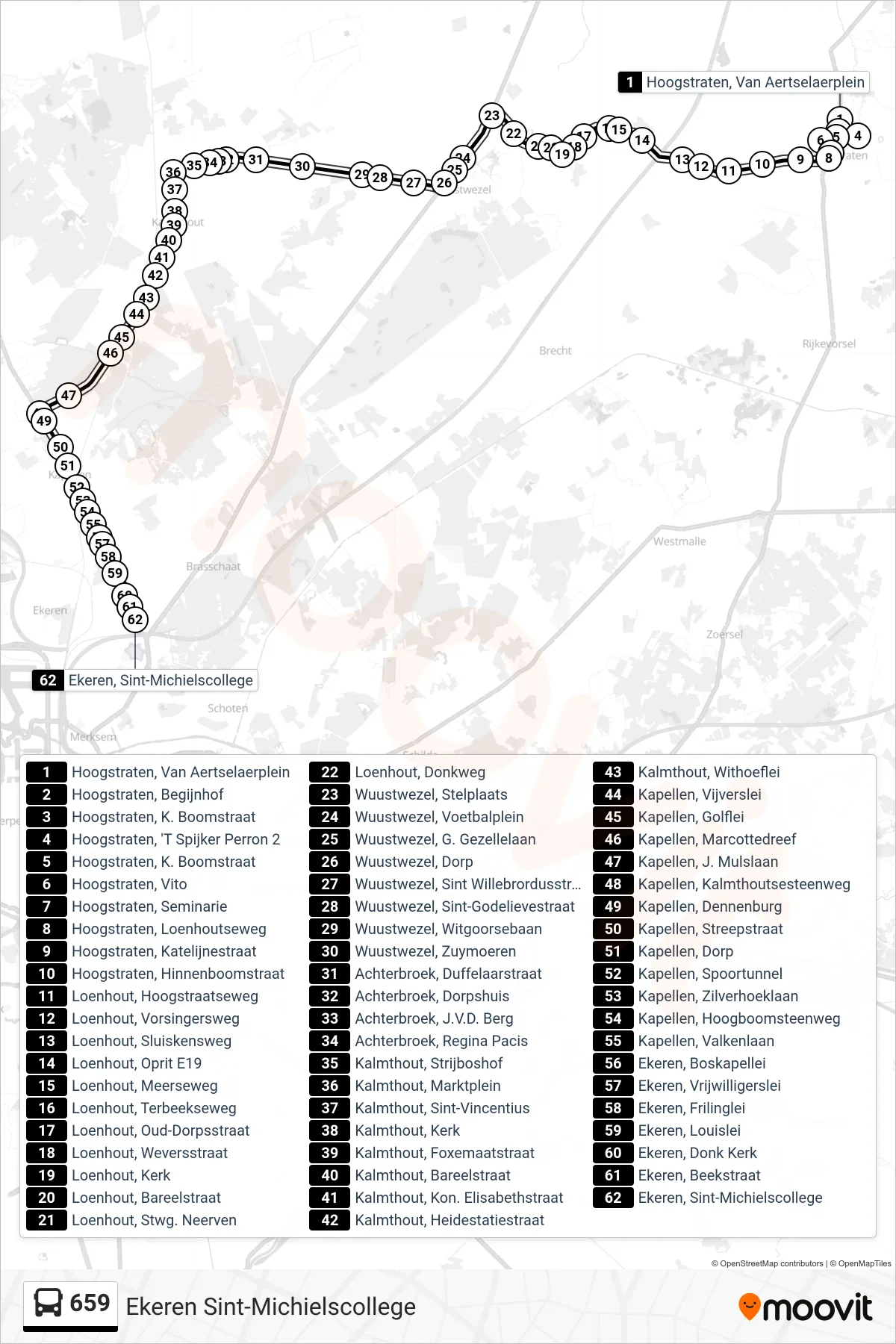 Lijn 659 (bus, Ekeren Sint-Michielscollege): route en haltes op de kaart