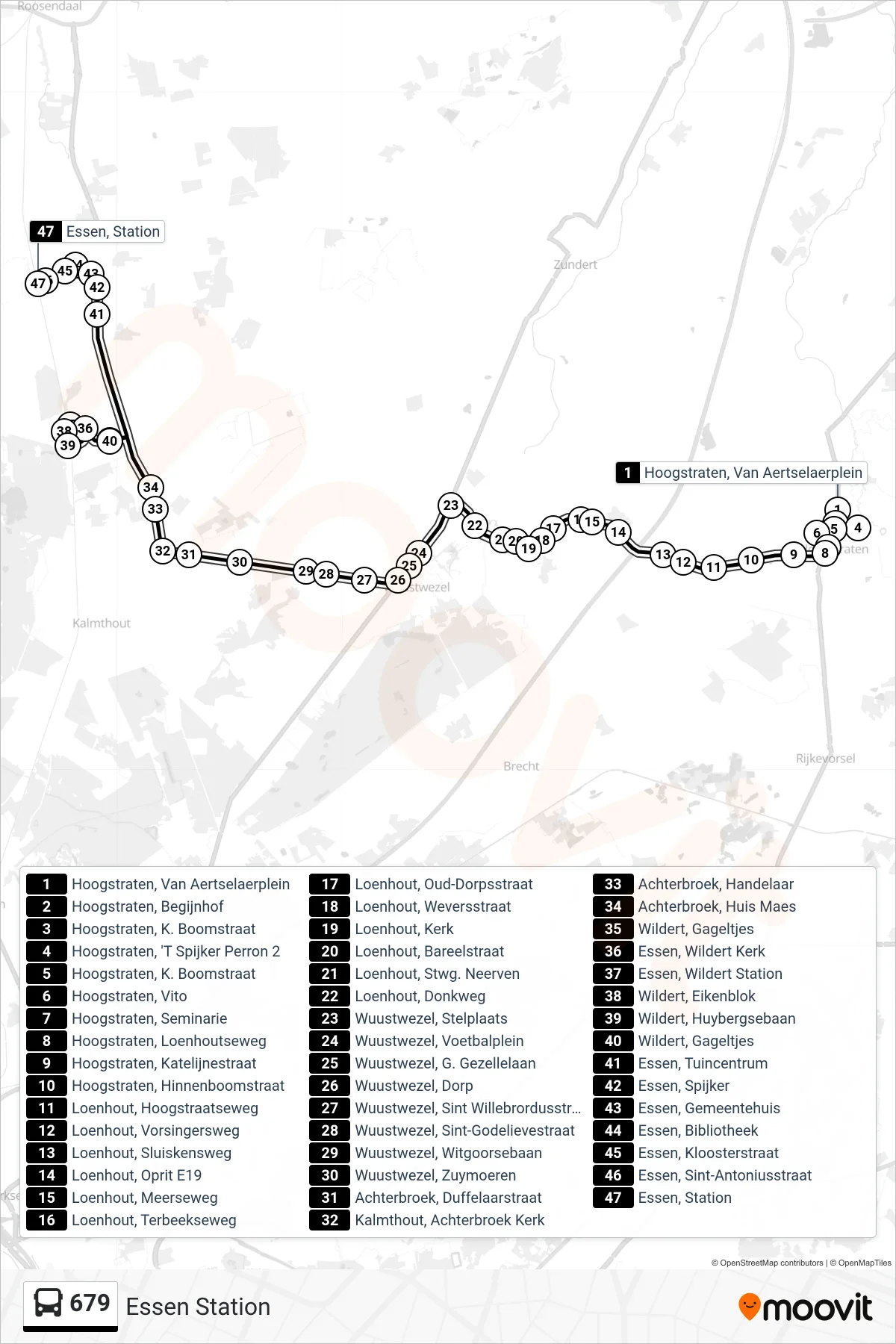 679 bus Line (Essen Station) route and stops on a map