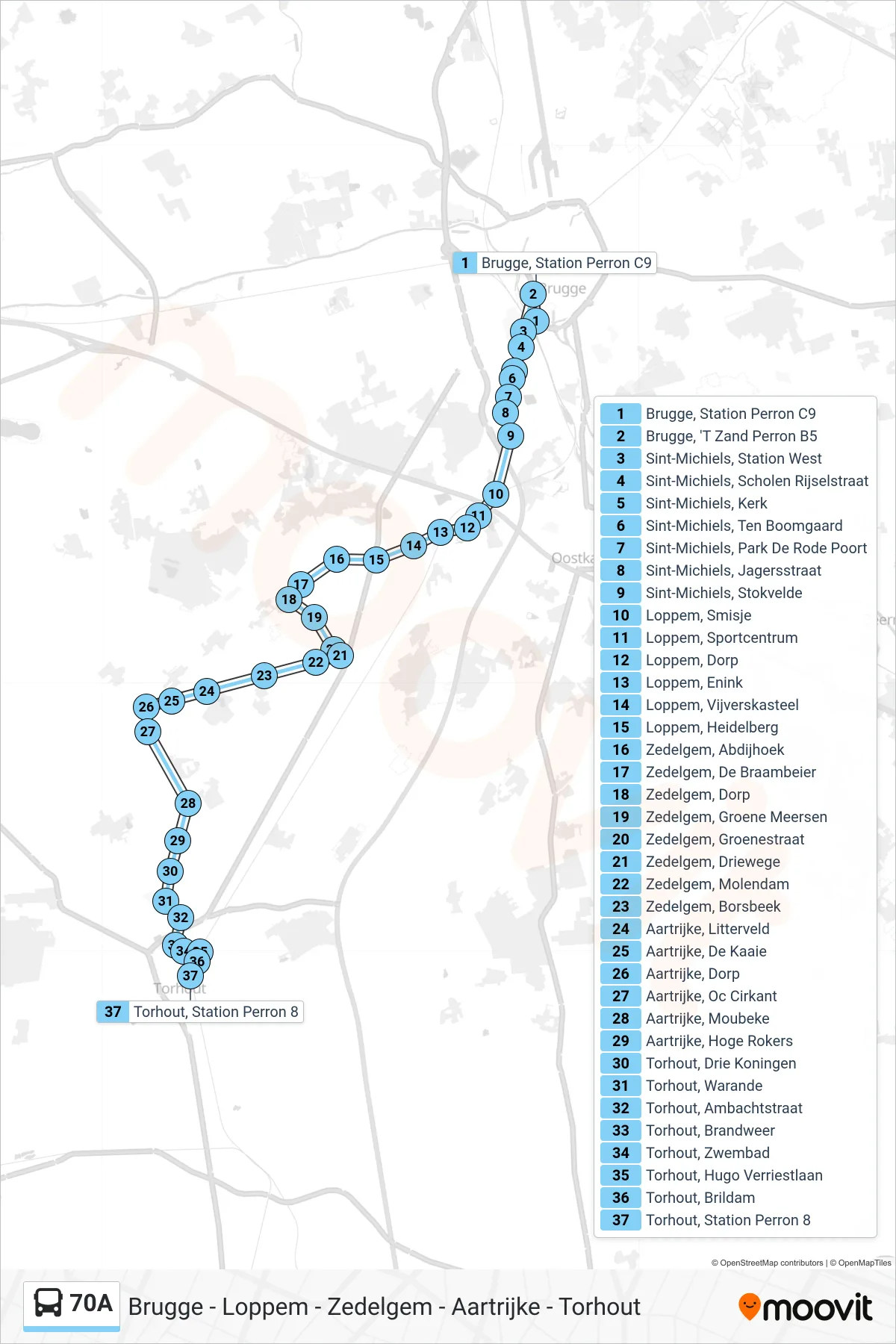 70A bus Line (Torhout Station Perron 8) route and stops on a map
