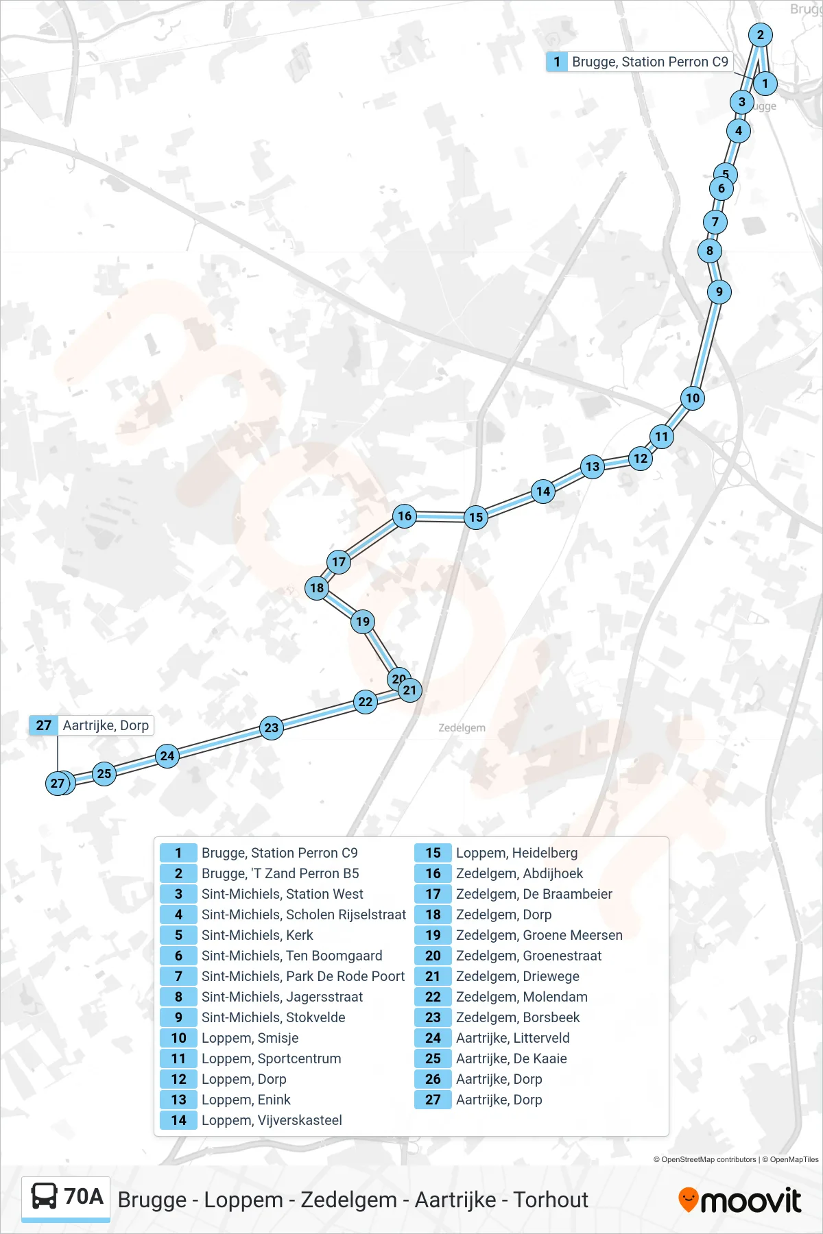 Lijn 70A (bus, Aartrijke Dorp): route en haltes op de kaart