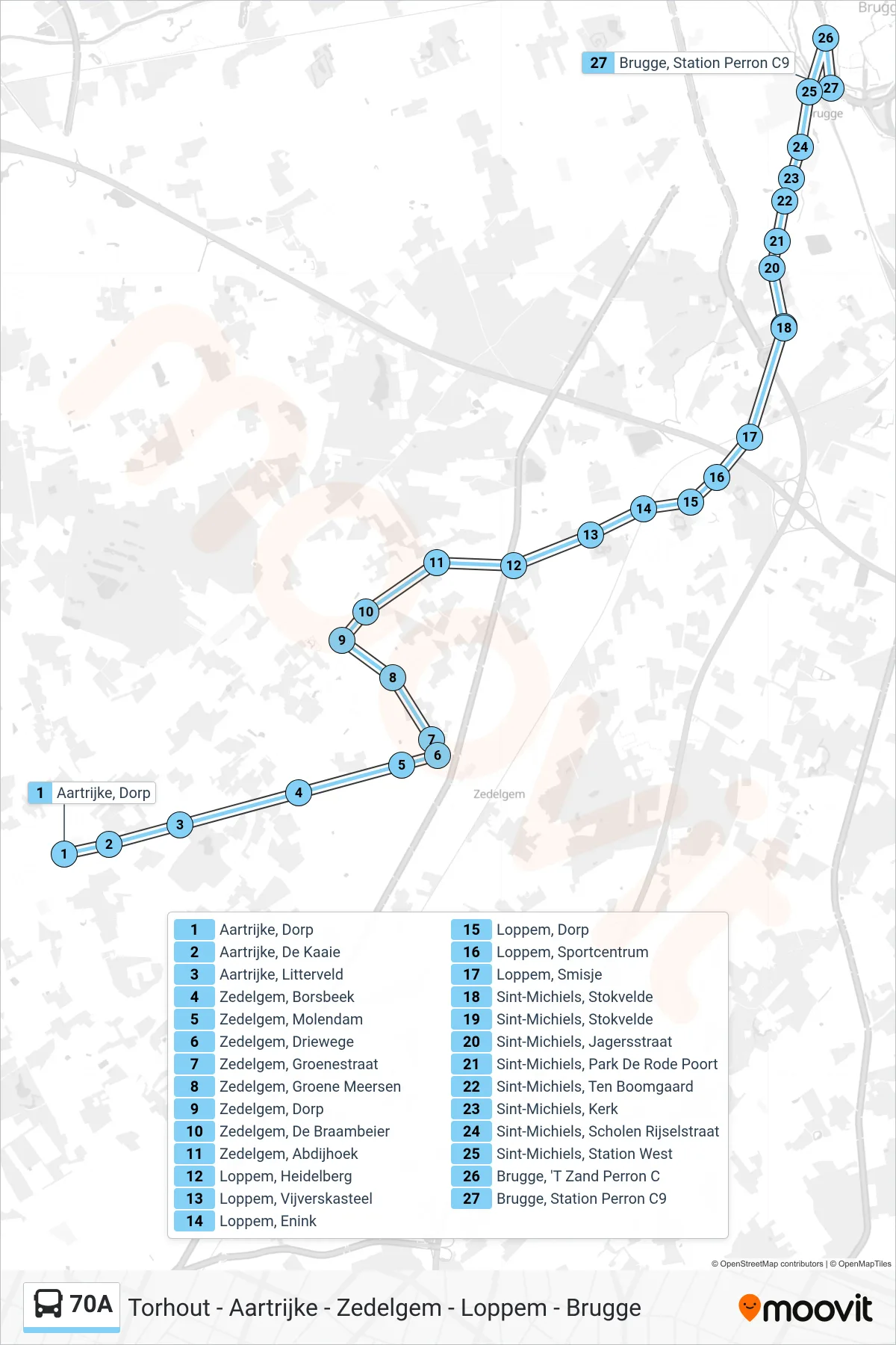 Lijn 70A (bus, Brugge Station Perron C9): route en haltes op de kaart