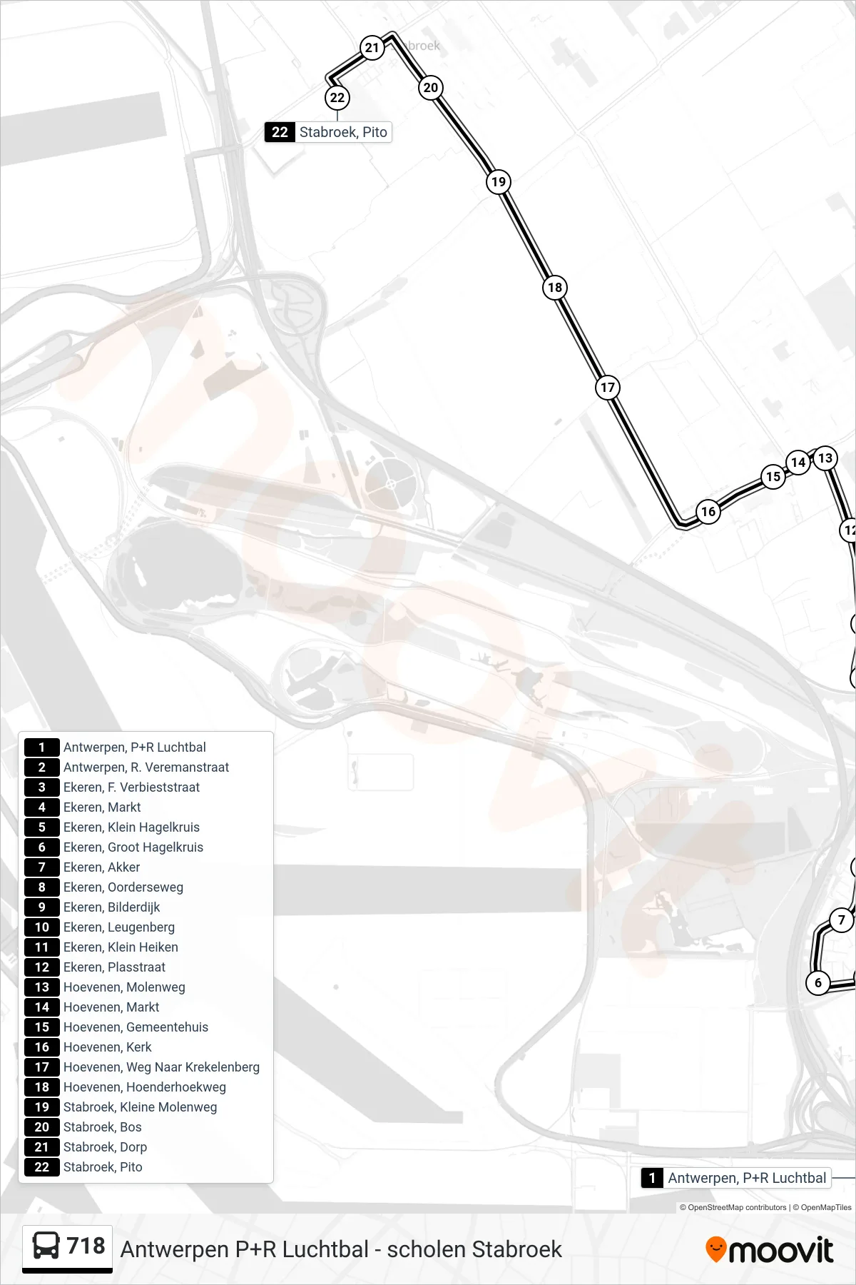 Lijn 718 (bus, Stabroek Pito): route en haltes op de kaart