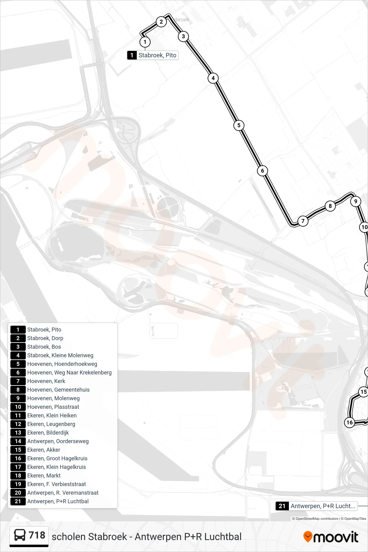 Lijn 718 (bus, Antwerpen P+R Luchtbal): route en haltes op de kaart