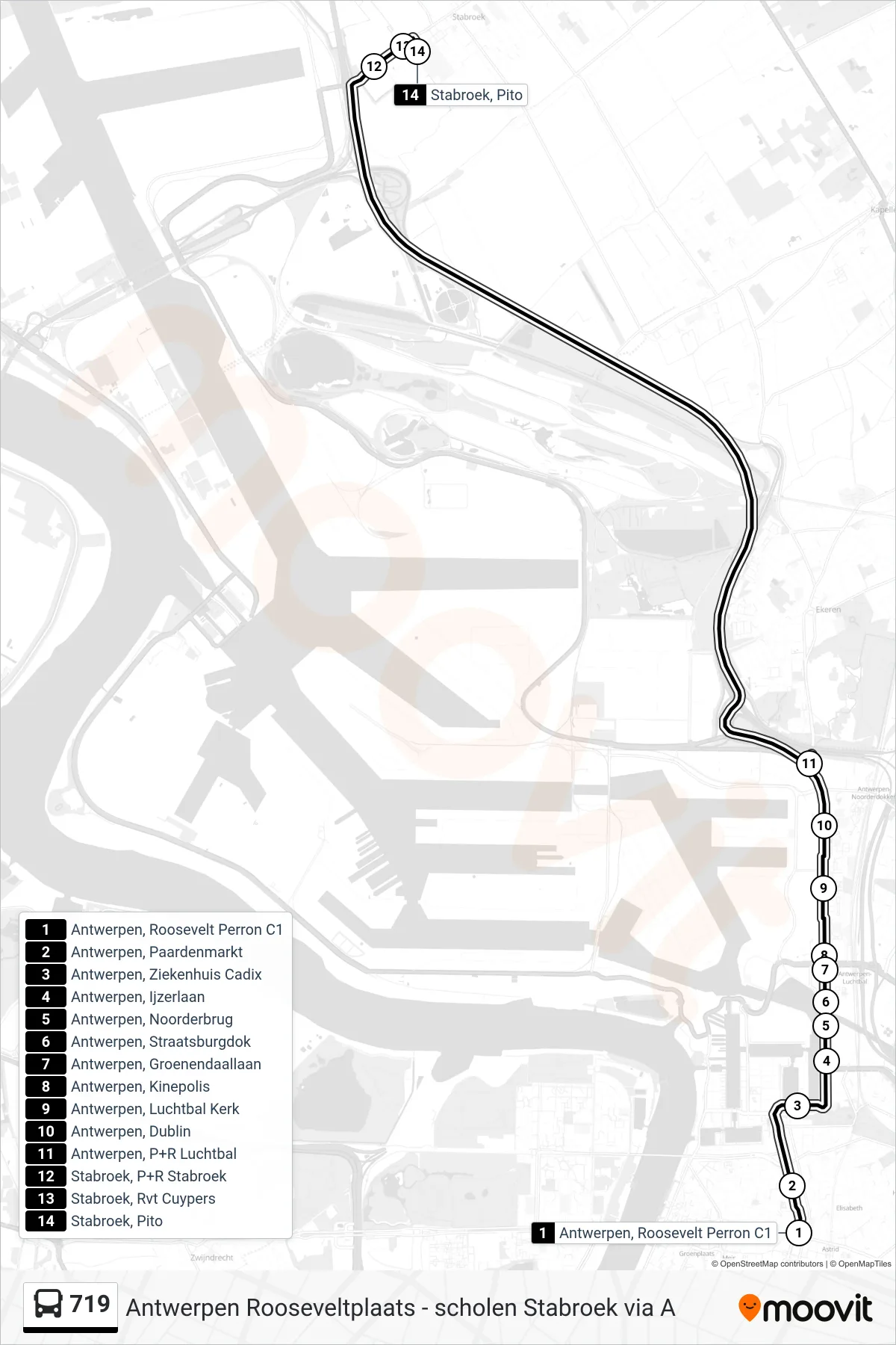 Lijn 719 (bus, Stabroek Pito): route en haltes op de kaart