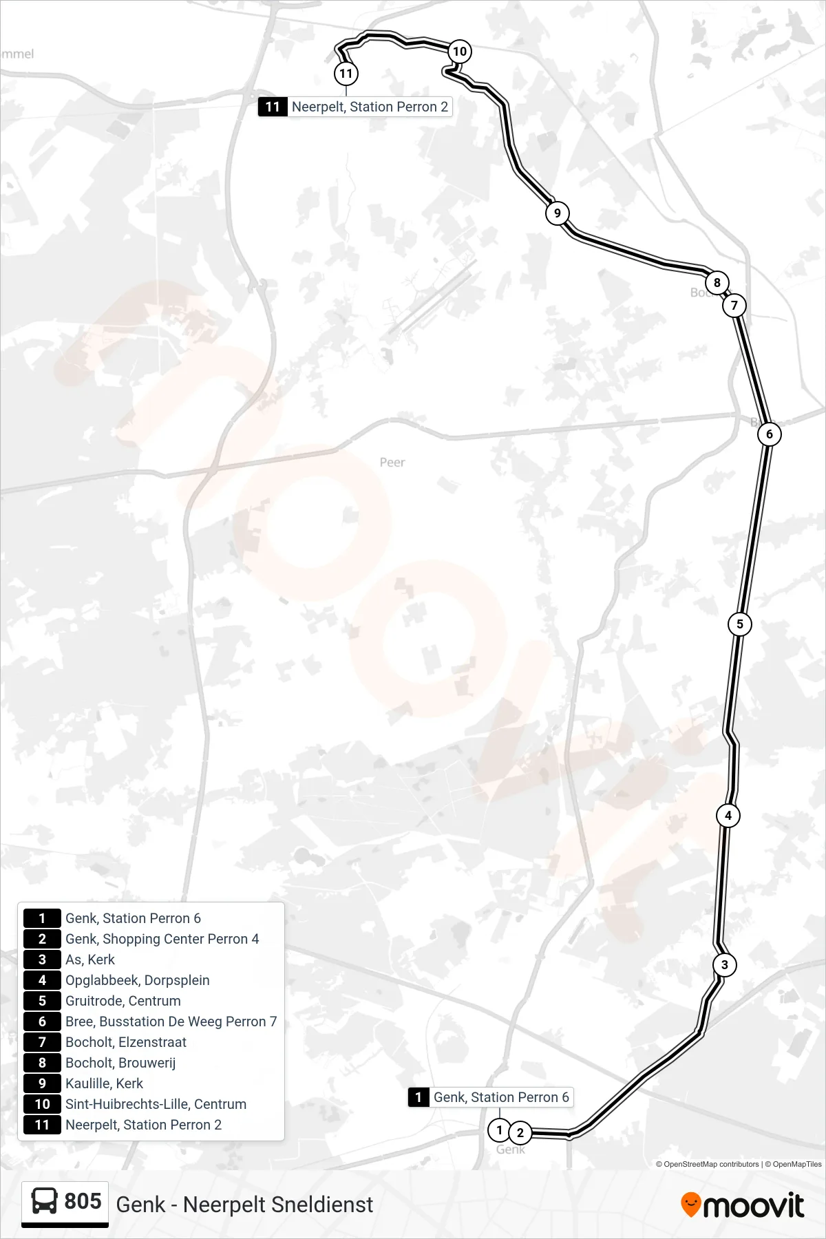 Lijn 805 (bus, Neerpelt Station Perron 2): route en haltes op de kaart