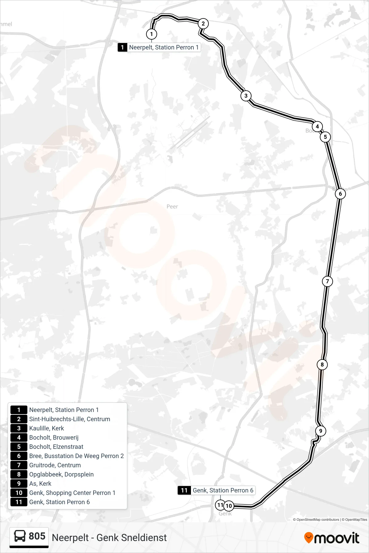 Lijn 805 (bus, Genk Station Perron 6): route en haltes op de kaart