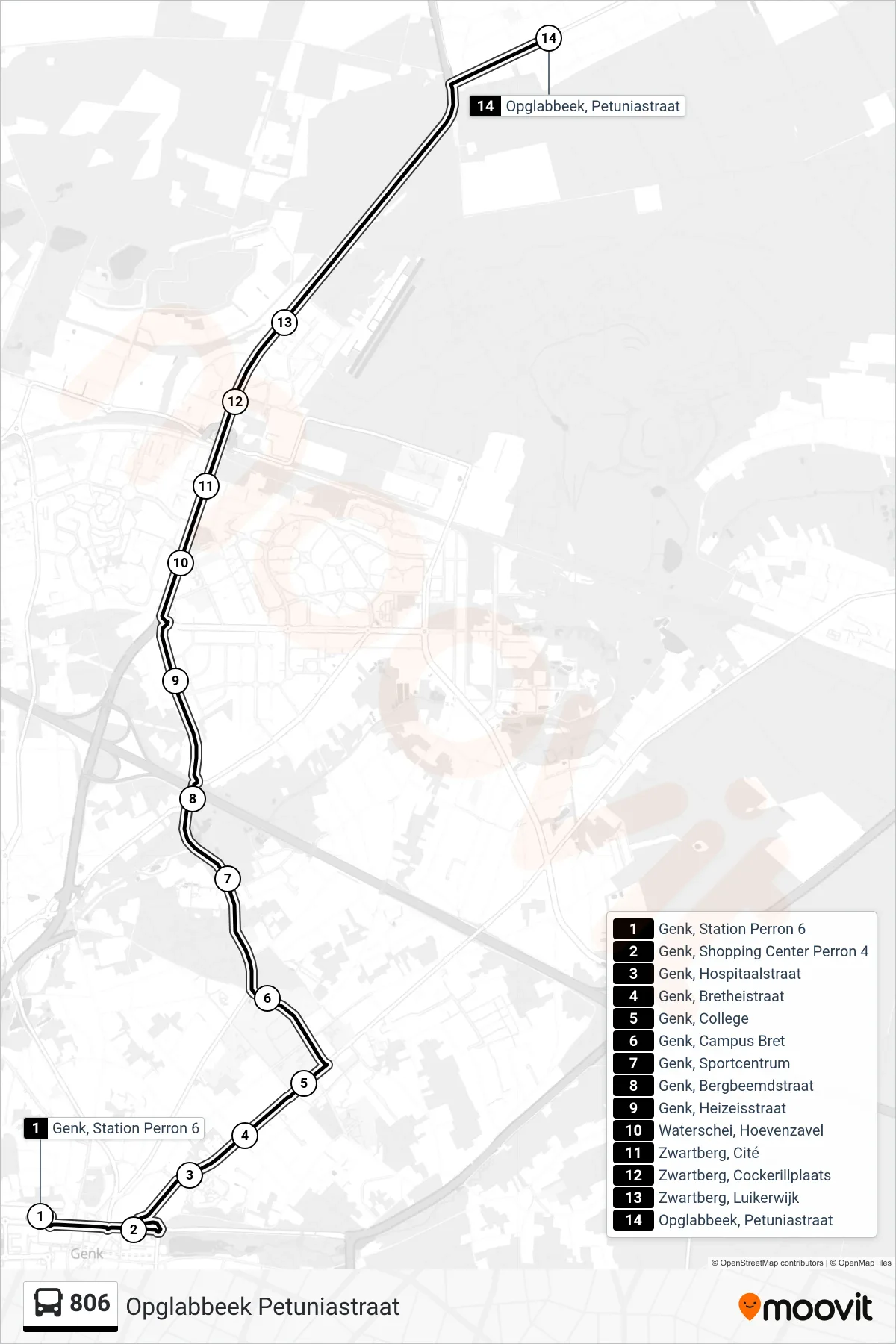 Lijn 806 (bus, Opglabbeek Petuniastraat): route en haltes op de kaart