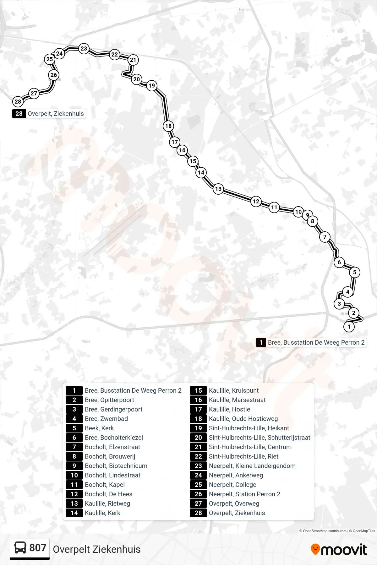 Lijn 807 (bus, Overpelt Ziekenhuis): route en haltes op de kaart