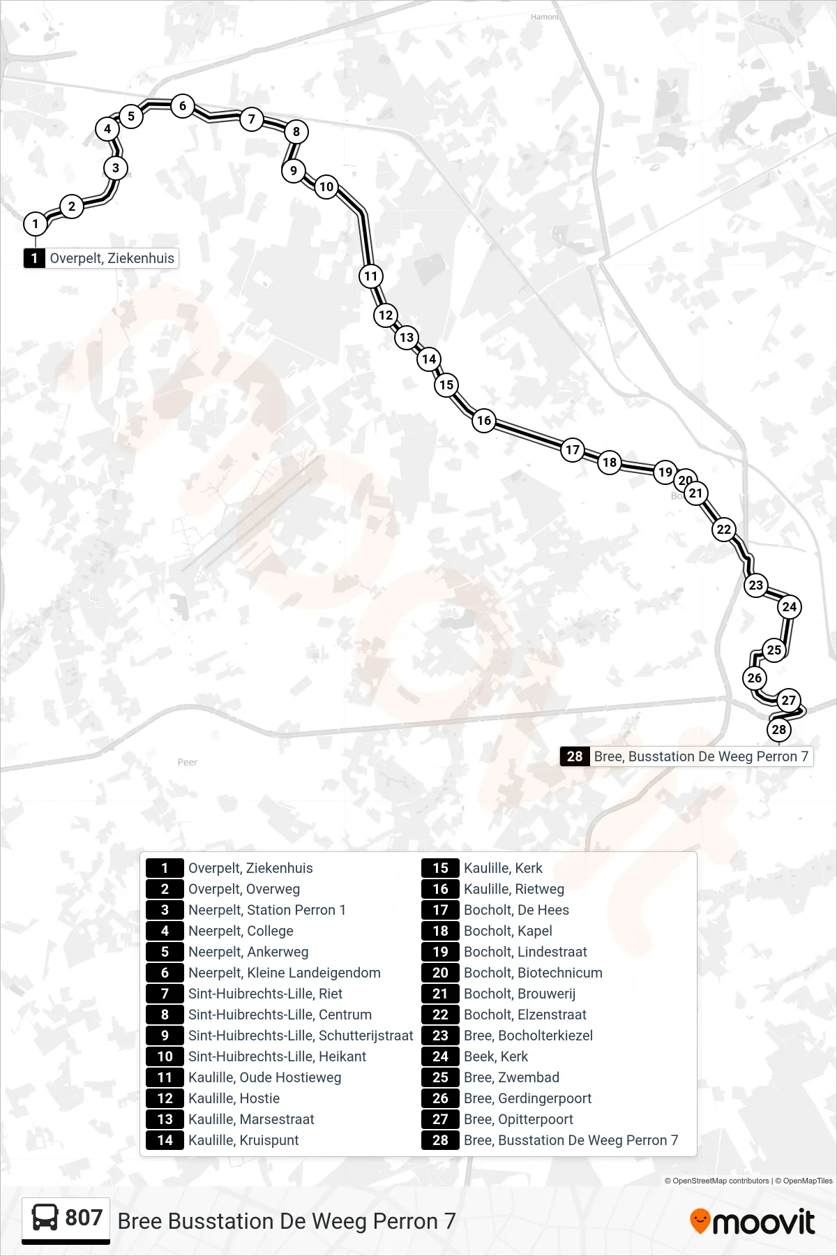 Lijn 807 (bus, Bree Busstation De Weeg Perron 7): route en haltes op de kaart
