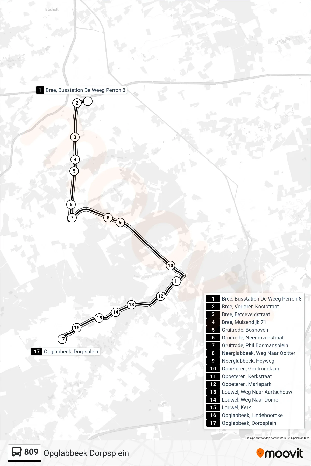 Lijn 809 (bus, Opglabbeek Dorpsplein): route en haltes op de kaart