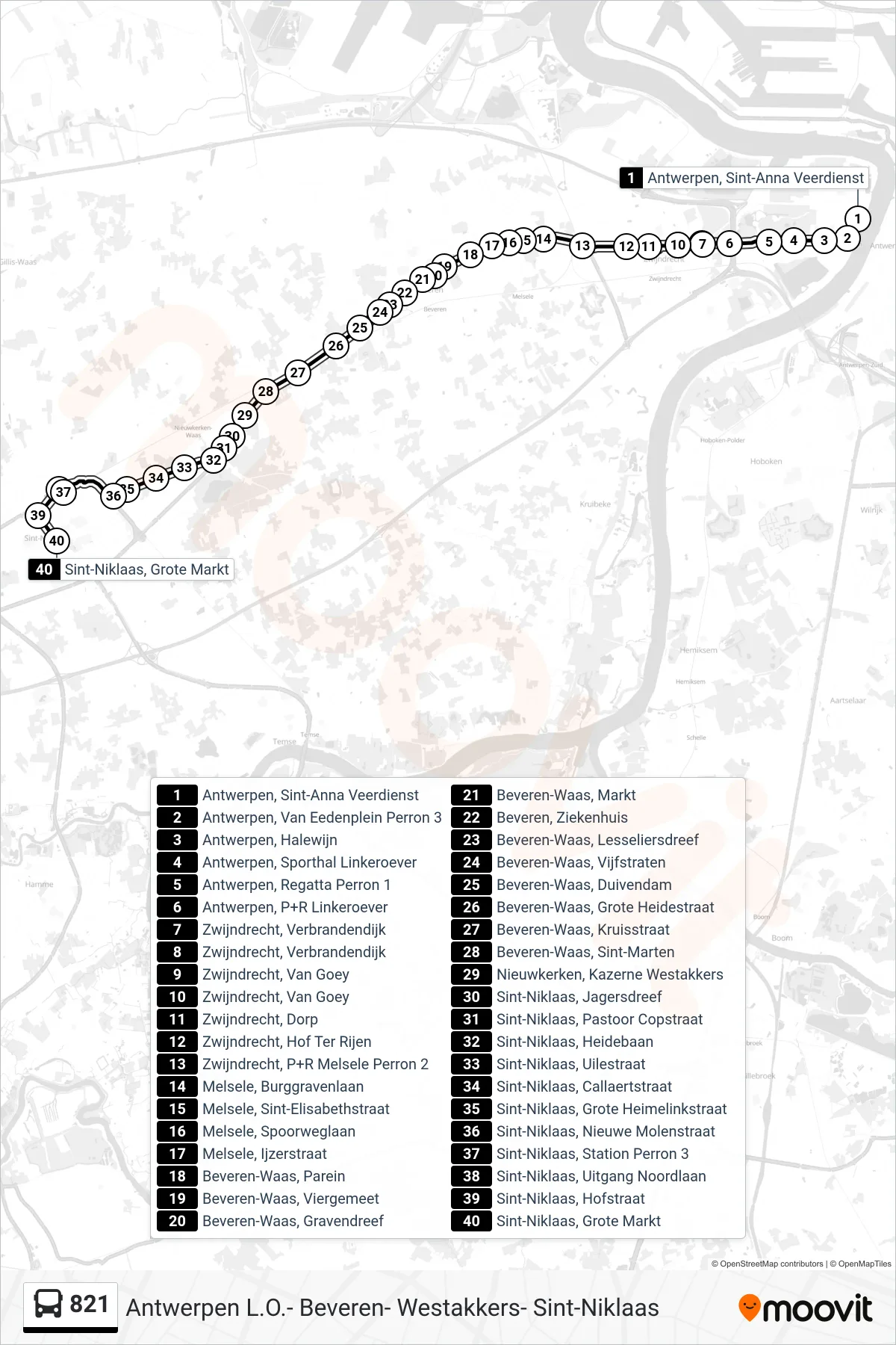 Lijn 821 (bus, Sint-Niklaas Grote Markt): route en haltes op de kaart