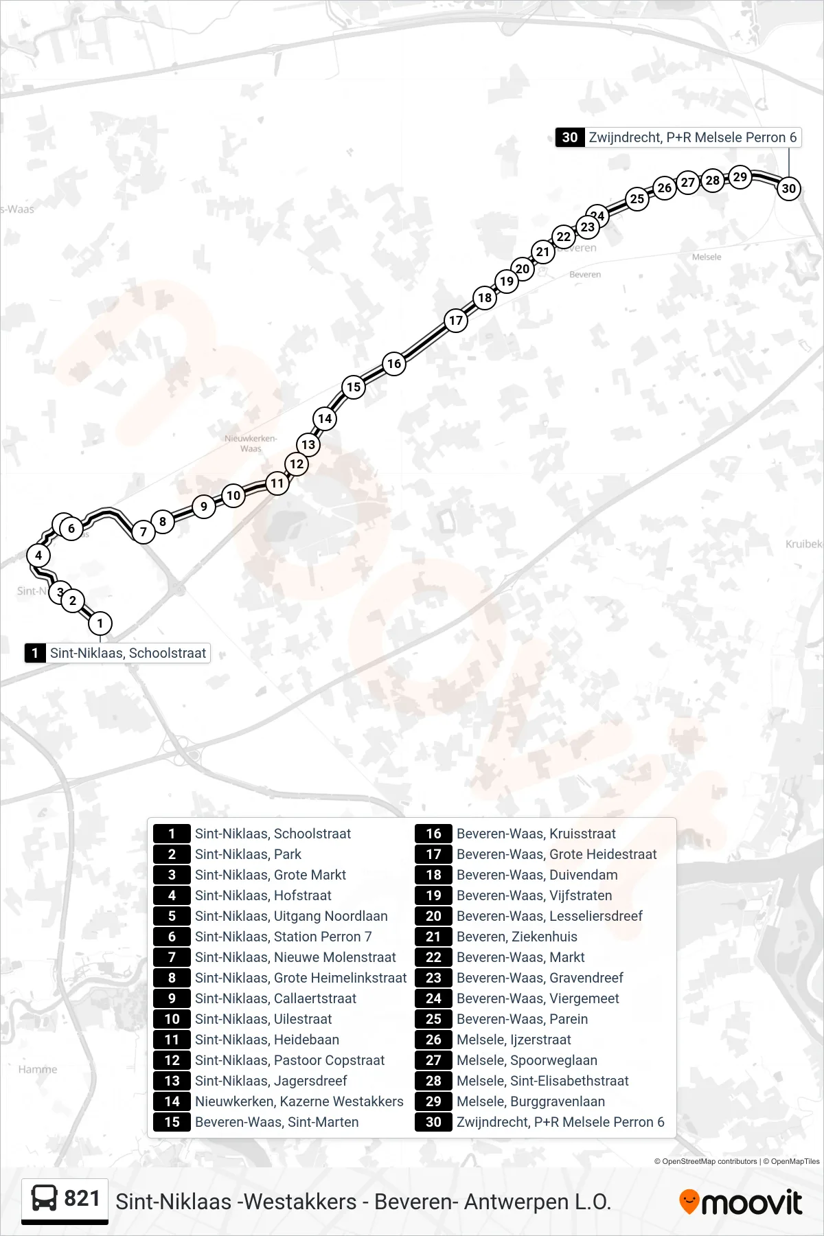 821 bus Line (Zwijndrecht P+R Melsele Perron 6) route and stops on a map