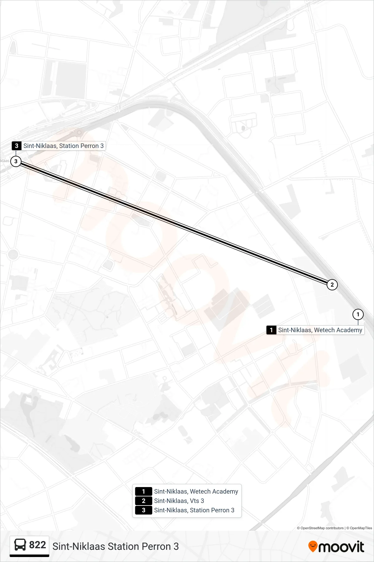 Lijn 822 (bus, Sint-Niklaas Station Perron 3): route en haltes op de kaart