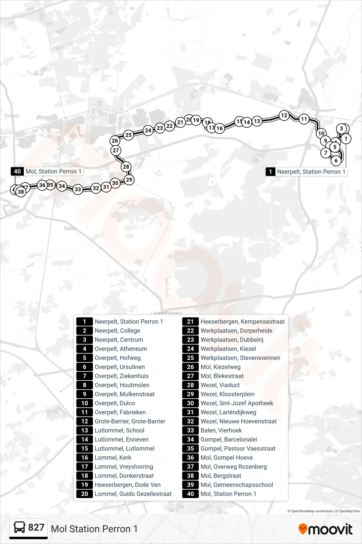Lijn 827 (bus, Mol Station Perron 1): route en haltes op de kaart