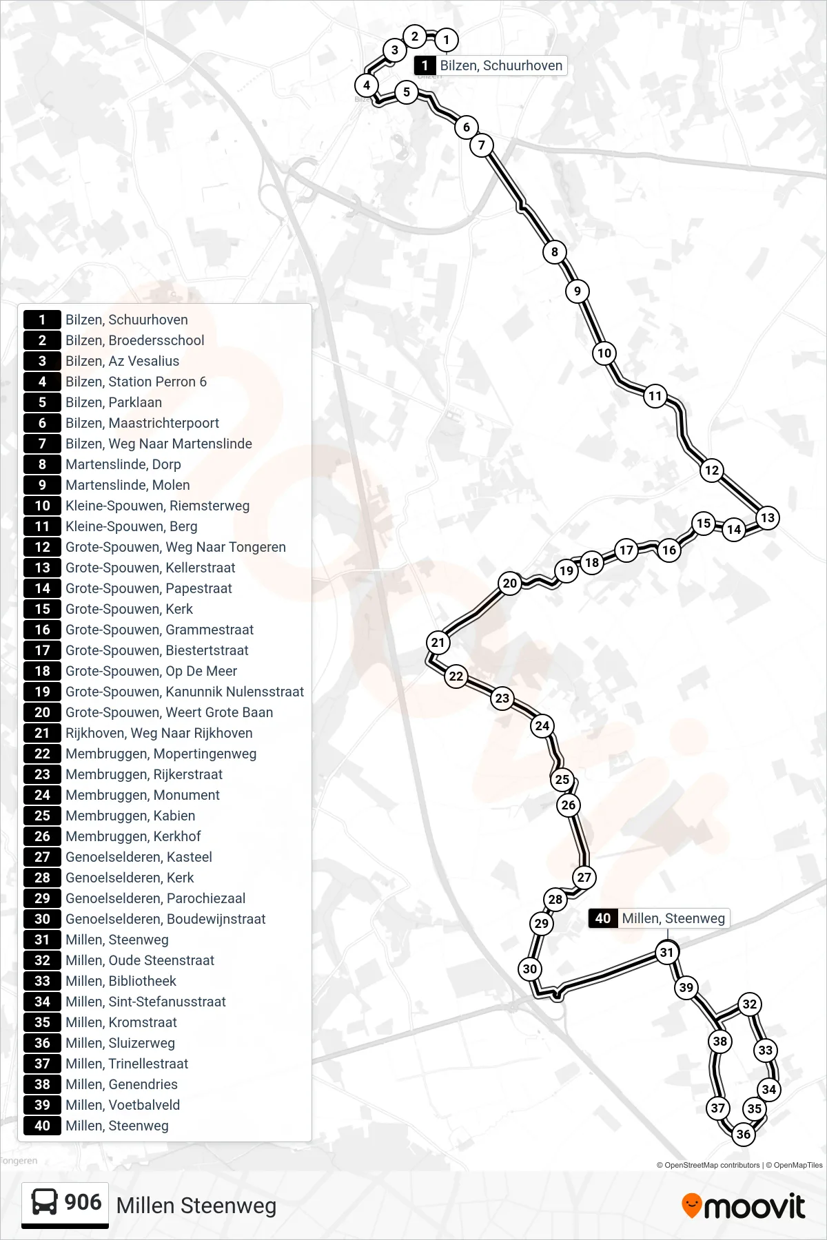 Lijn 906 (bus, Millen Steenweg): route en haltes op de kaart