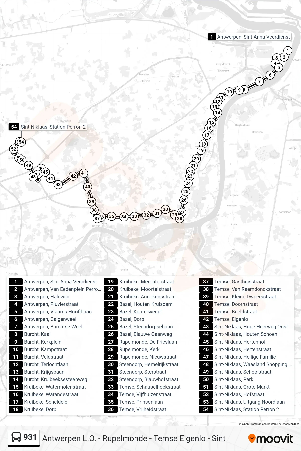 Lijn 931 (bus, Sint-Niklaas Station Perron 2): route en haltes op de kaart