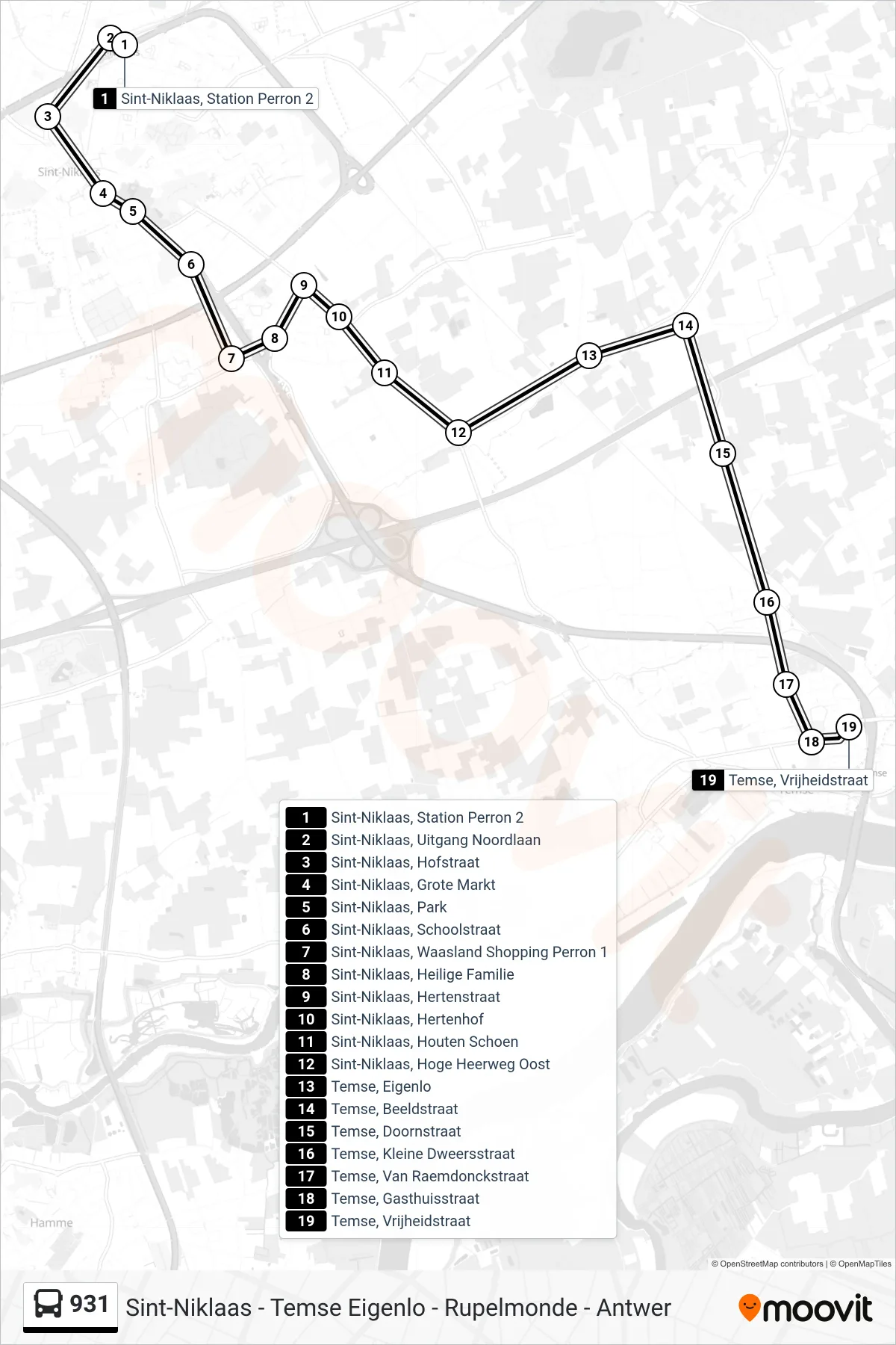 Lijn 931 (bus, Temse Vrijheidstraat): route en haltes op de kaart