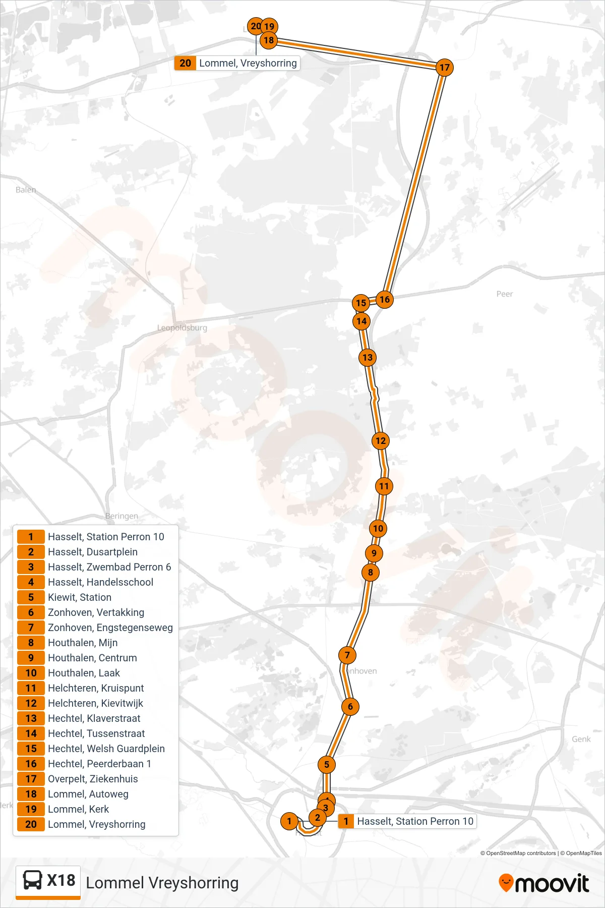 Lijn X18 (bus, Lommel Vreyshorring): route en haltes op de kaart