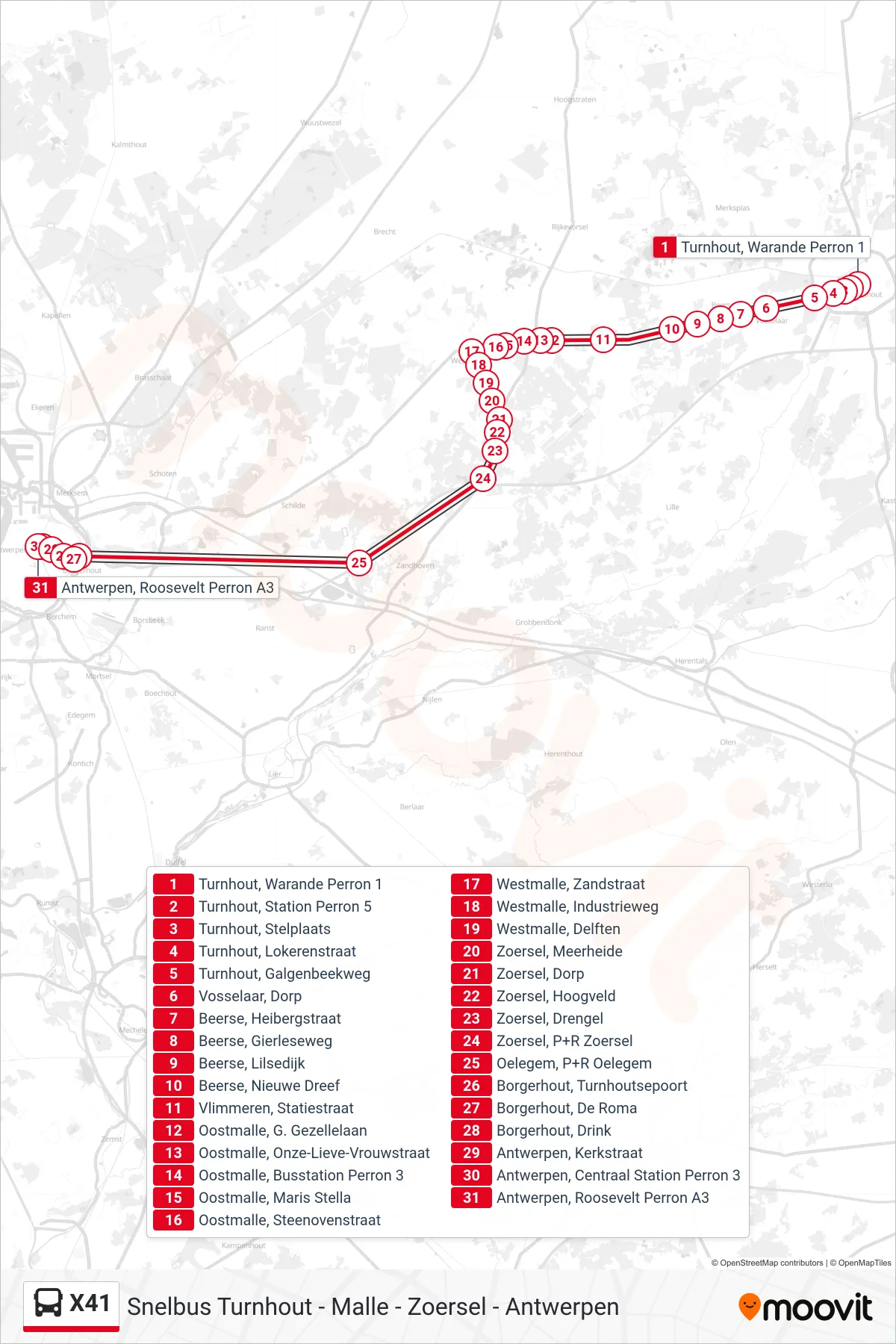 Lijn X41 (bus, Antwerpen Roosevelt Perron A3): route en haltes op de kaart