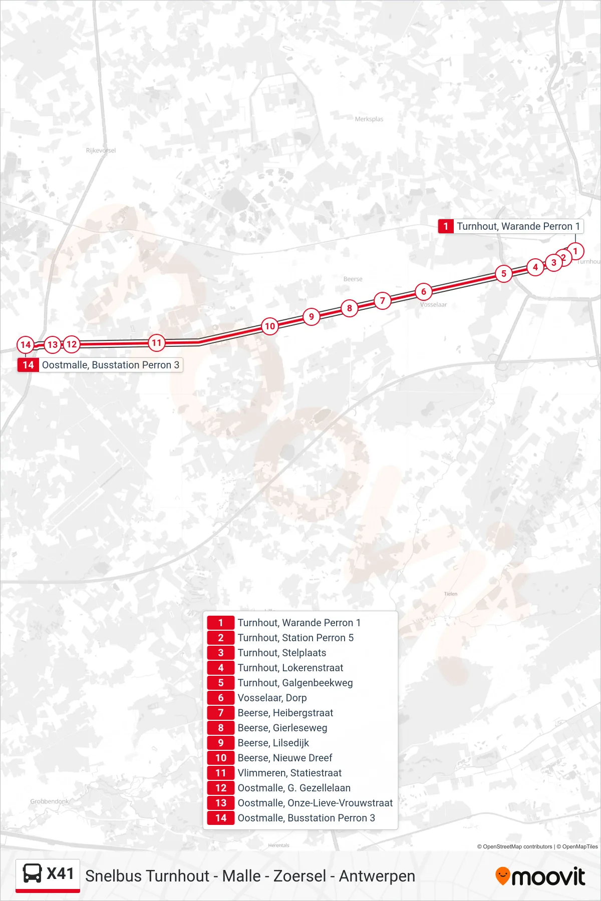 X41 bus Line (Oostmalle Busstation Perron 3) route and stops on a map