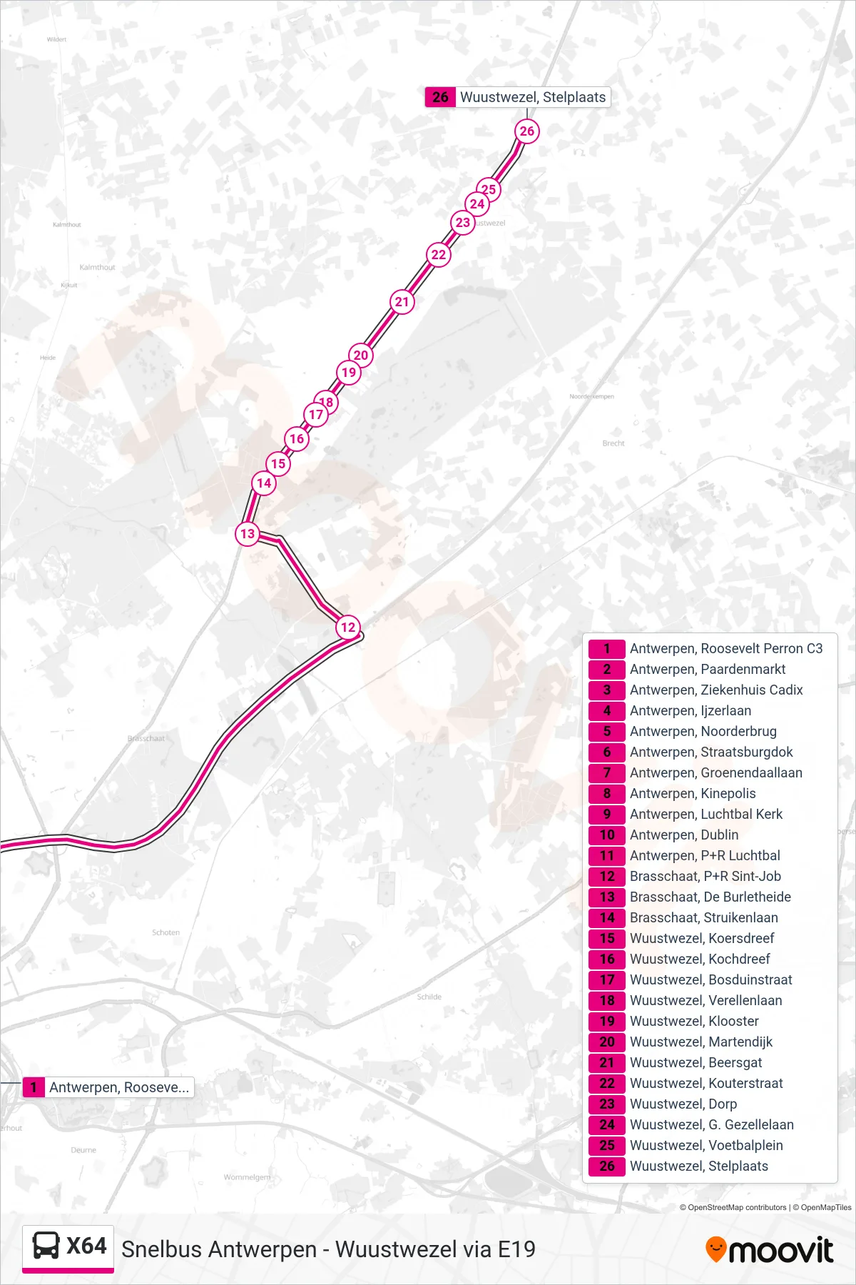 Lijn X64 (bus, Wuustwezel Stelplaats): route en haltes op de kaart