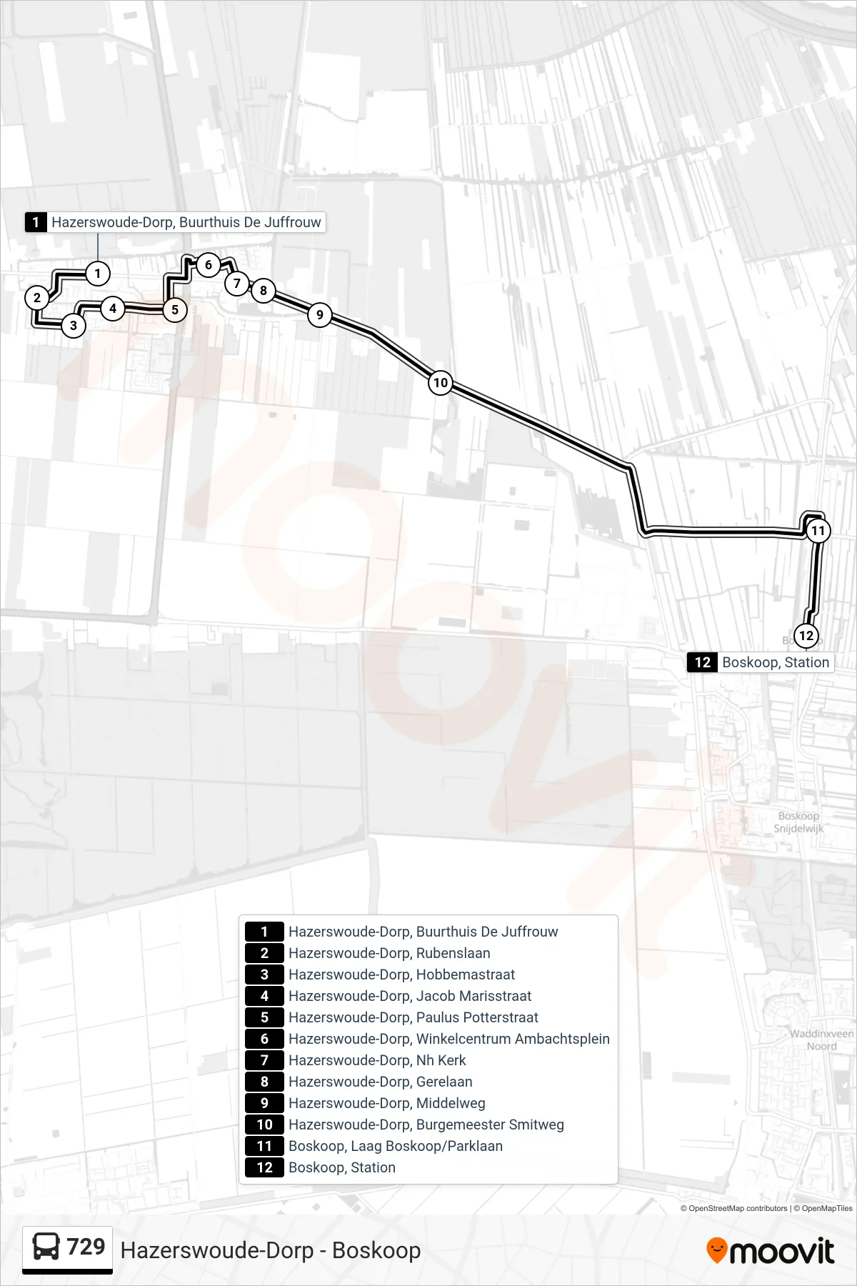 Lijn 729 (bus, Boskoop Station): route en haltes op de kaart