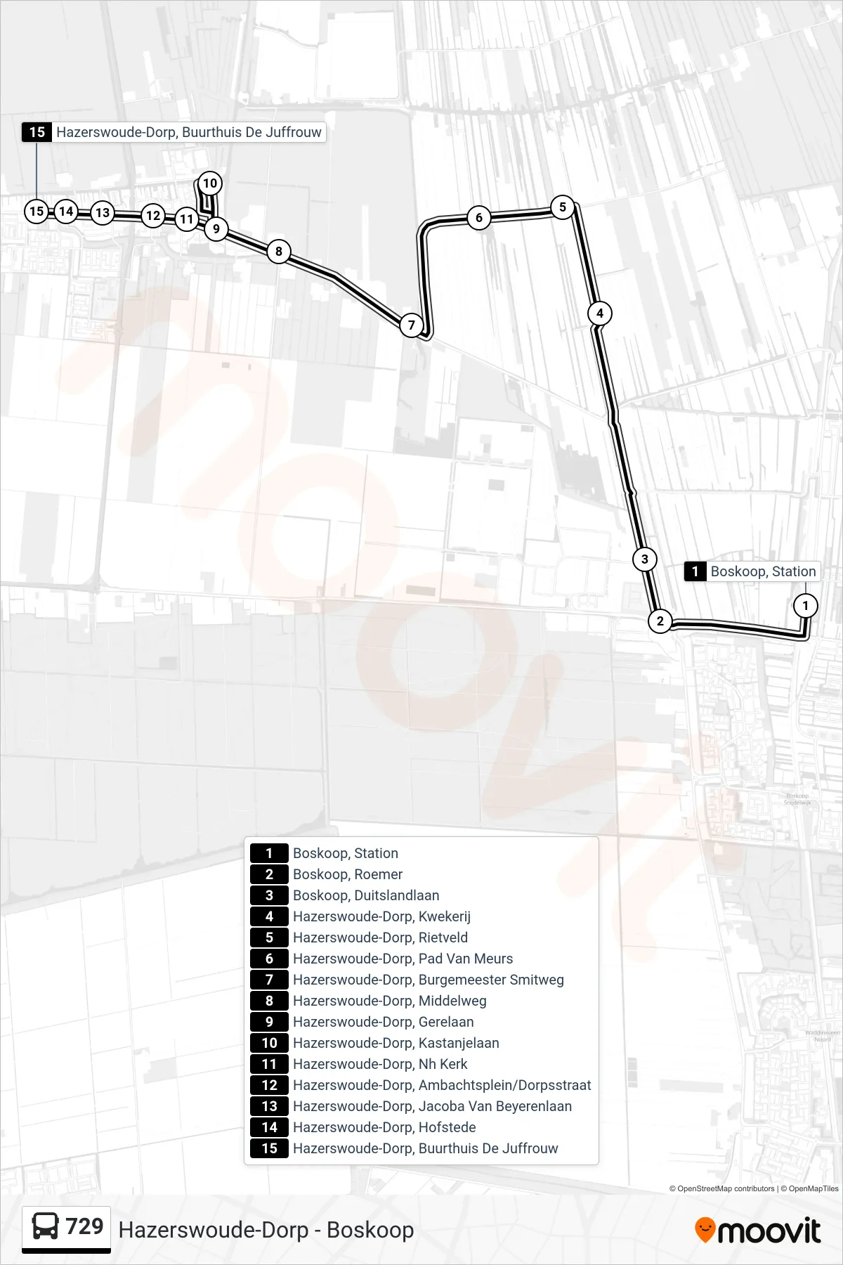 Lijn 729 (bus, Hazerswoude-Dorp): route en haltes op de kaart