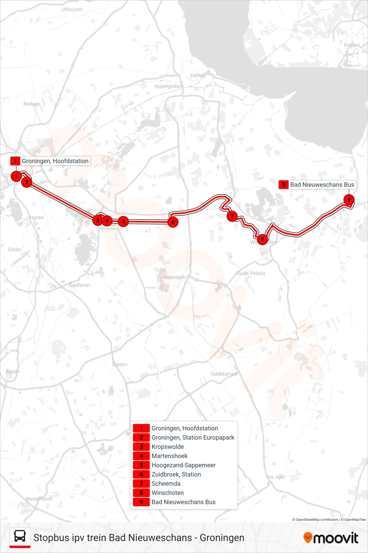 Lijn STOPBUS IPV TREIN (tram, Bad Nieuweschans): route en haltes op de kaart
