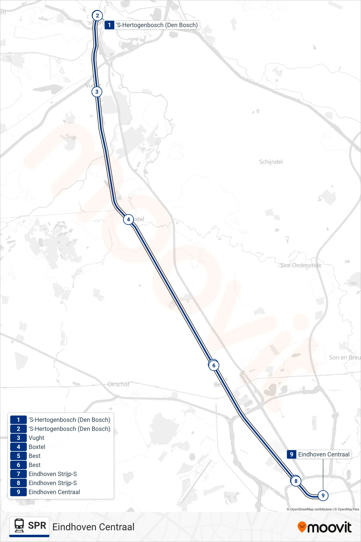 Lijn SPR (trein, Eindhoven Centraal): route en haltes op de kaart