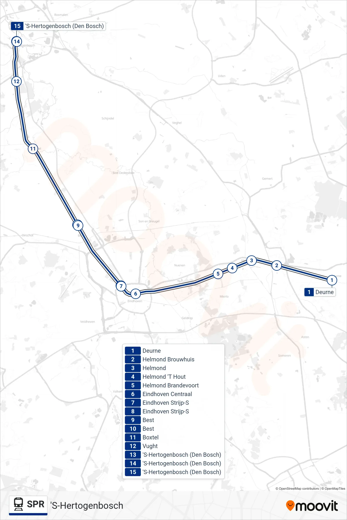 Lijn SPR (trein, 'S-Hertogenbosch): route en haltes op de kaart